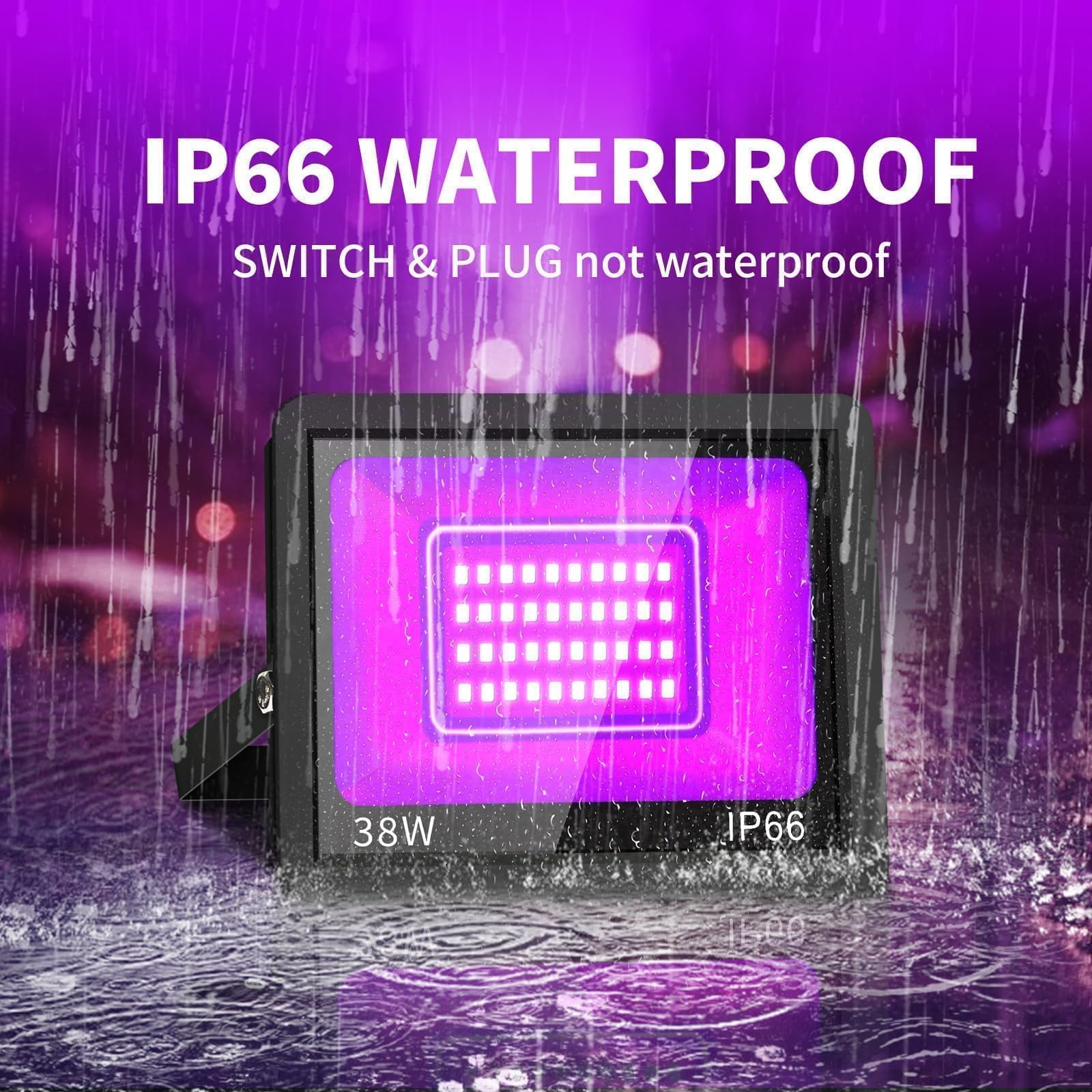 38W LED Black Lights IP66 Waterproof Black Light Outdoor with 5ft Plug+Switch,Flood Blacklight for Halloween Glow in The Dark Party Stage Light Neon Glow Birthday 1 Pack