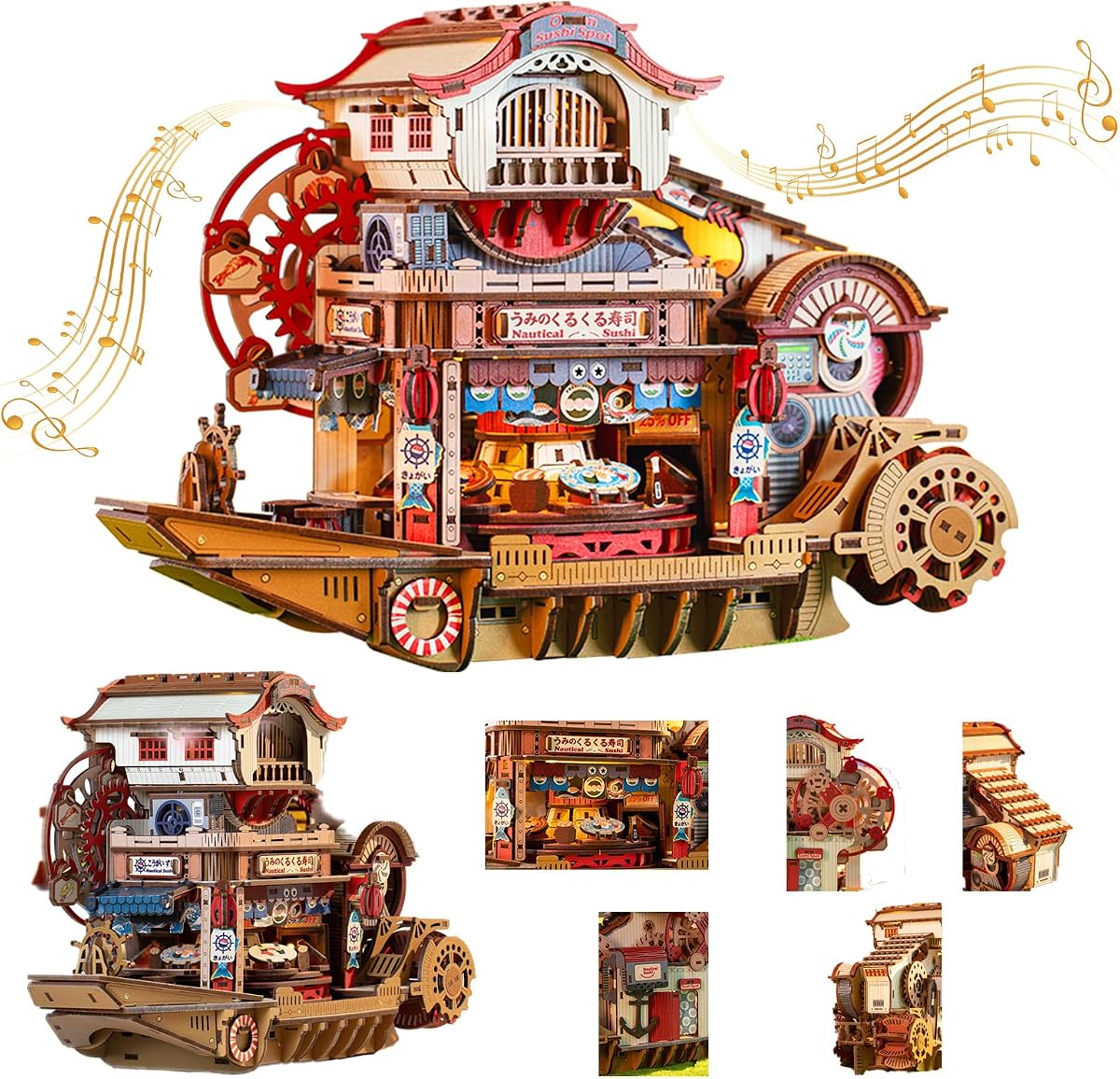 OZJAY 3D Puzzle for Adults Nautical Sushi 3D Wooden Puzzle Creativity Gift | 425PCS Mechanical Model, DIY Building Kit with Music & Warm LED, Home Decor, Miniature House Kit for Christmas Birthday