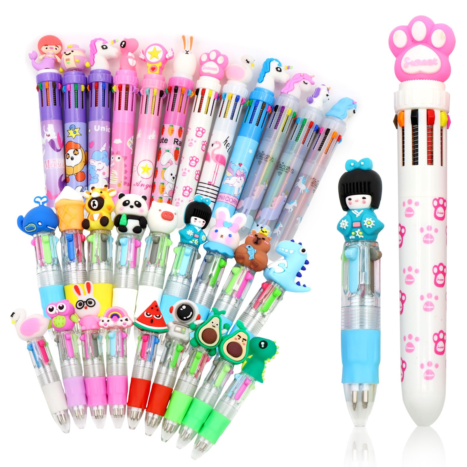 SPOKKI Multicolor Pen in One 10-in-1 & 4-in-1,30 Pcs multi color Ballpoint Pen 0.7 mm,Fun Pens,Cute Cartoon Animals Shuttle Pens for Office School