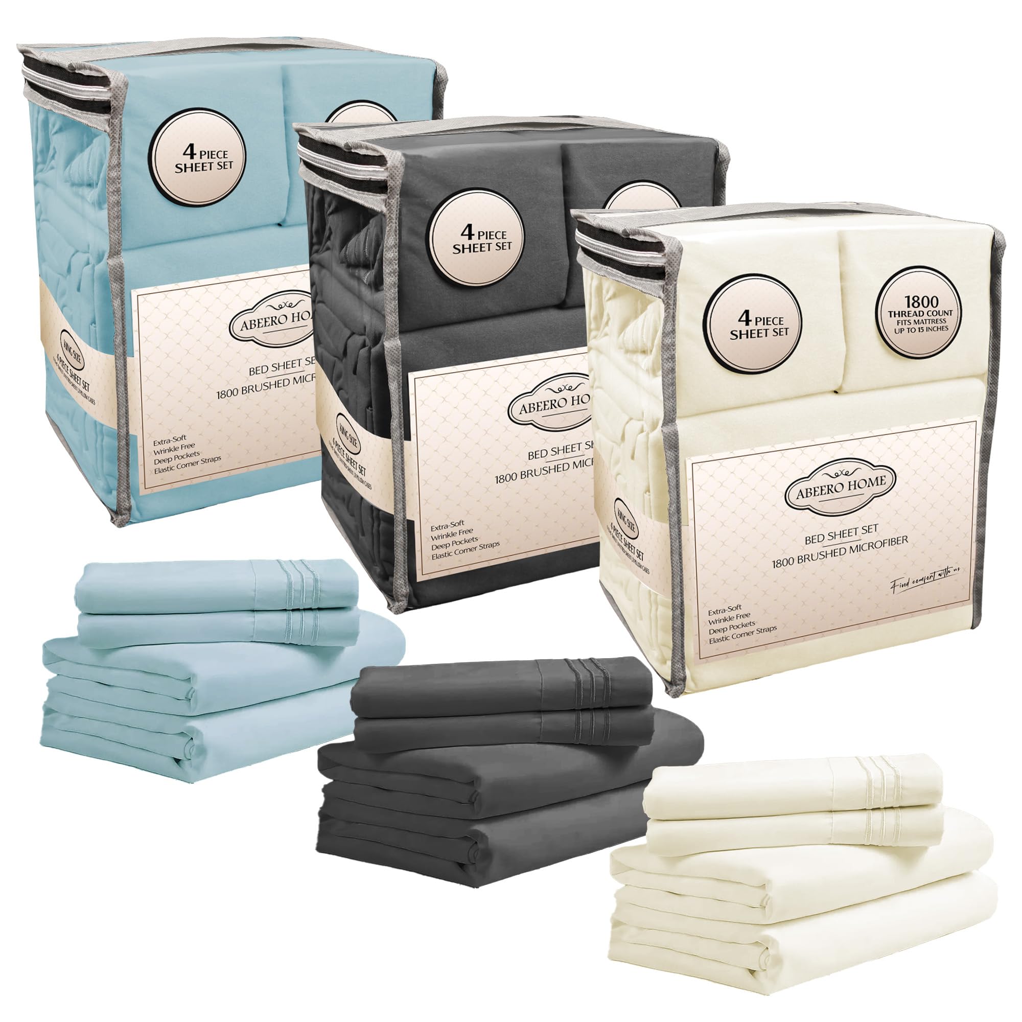 Abeero Home Luxury Queen Size Sheet Set Bundle - 3x4 Piece Premium Hotel Bedding in Light Blue Gray