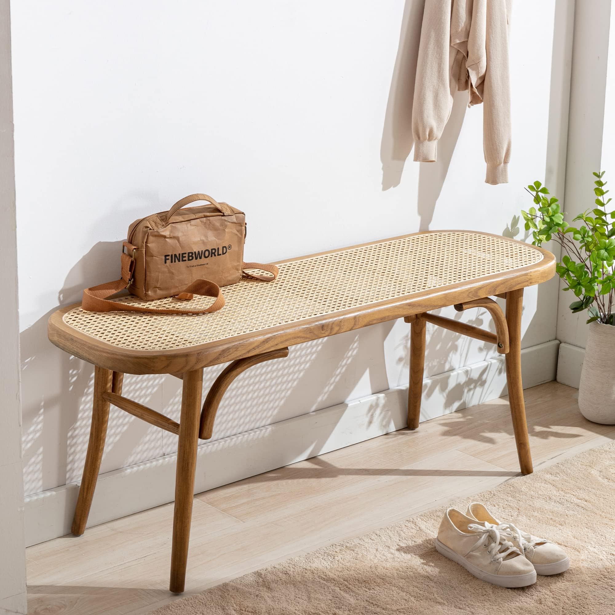 Farmhouse Wood and Rattan Cane Bench - Small Wicker Seat for End of Bed, Living Room, Entryway, Foyer - Indoor Weave