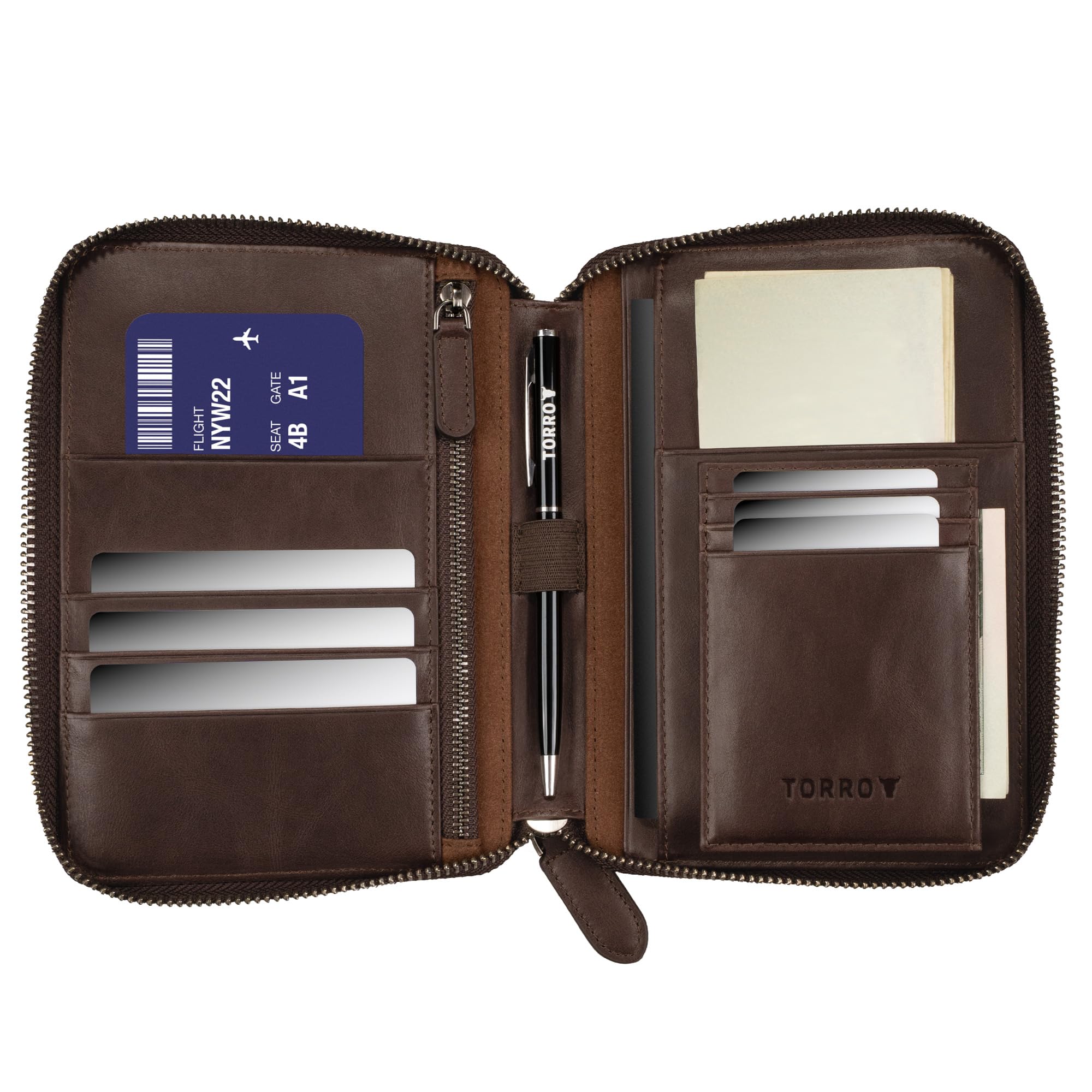 TORRO Portefeuille de Voyage - Organisateur de Voyage en Cuir Véritable avec Porte-Passeport et Porte-Cartes Détachables