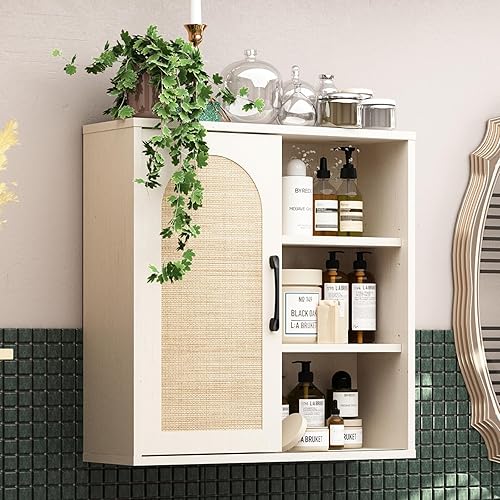 Miniatura 10 de RUSTOWN Armario de pared de ratán bohemio, gabinete de baño de mediados de siglo con puerta corredera, estantes ajustables, armario de Natural