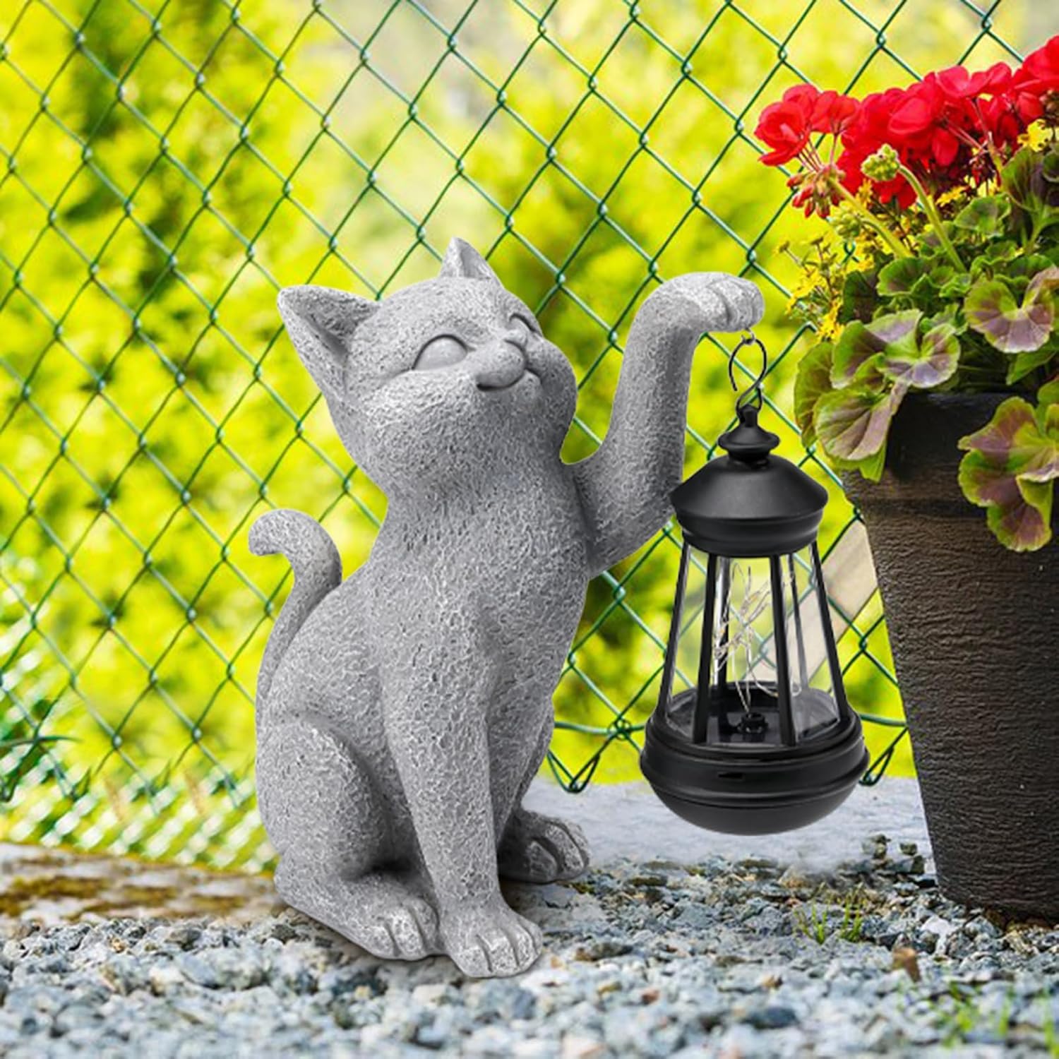 Solar Cat Garden Statue Outdoor Decor Resin Cat Figurine with LED Lantern for Porch Patio Lawn Yard Decorations Christmas Housewarming Gardening Gifts for Women Mom - Image 2