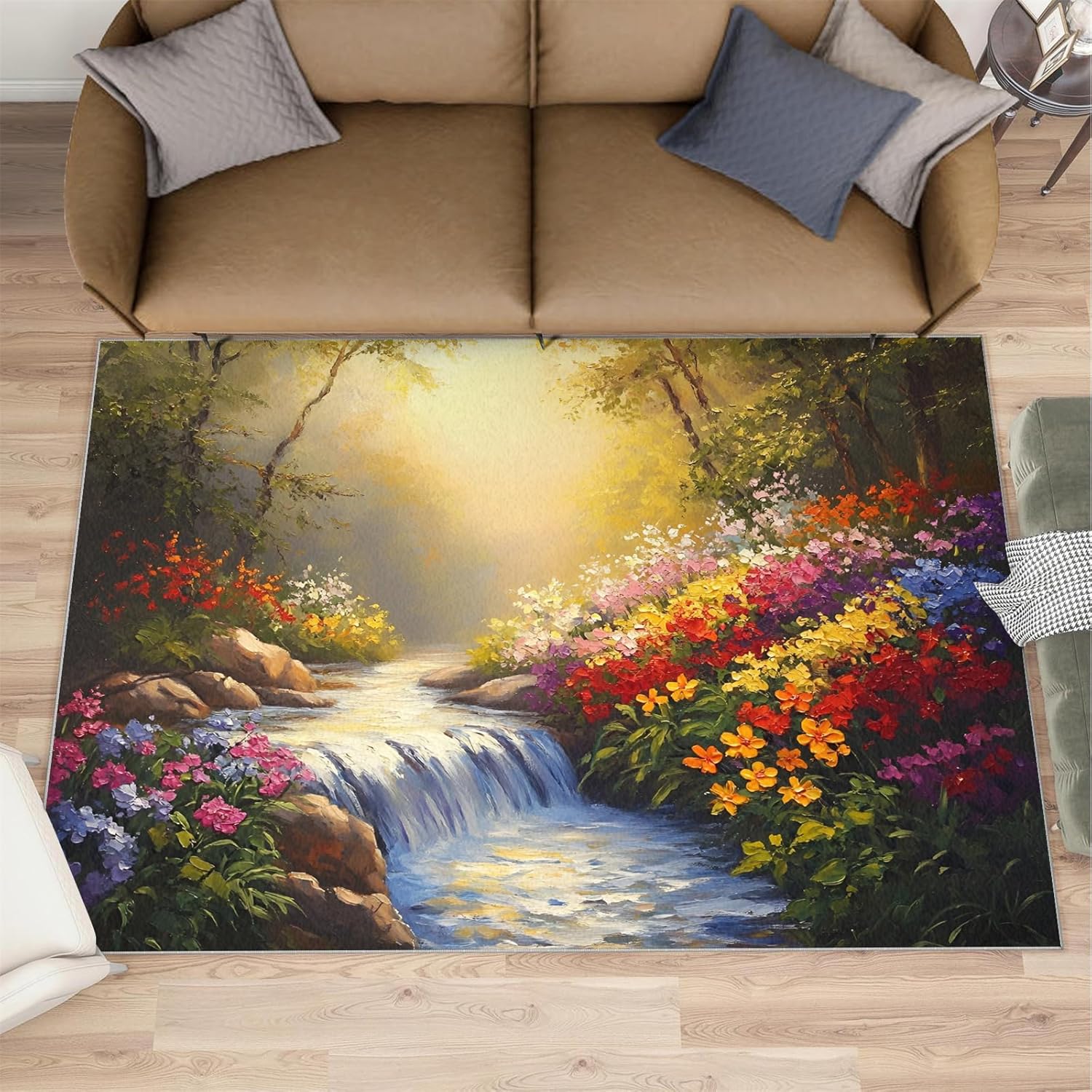 Spring Colors Bright Flowers 4 x 6 Rug Home Decor, Forest Waterfall and Sunshine Washable Rugs for Living Room Bedroom, Natural Landscape Girls Area Rug, Flower Carpet, Floral Gifts for Women