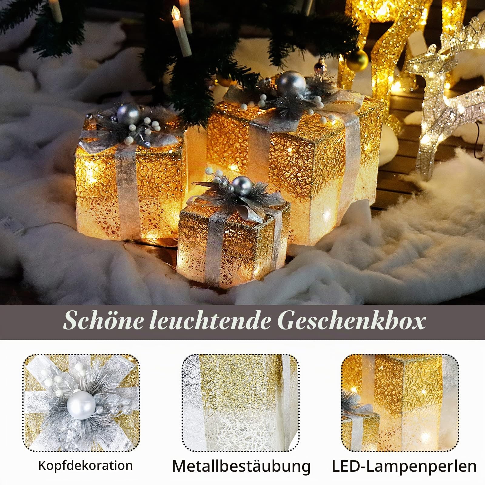 CCLIFE 3er Set LED Geschenkbox Weihnachten Weihnachtenbox Beleuchtete Lichterkette batteriebetrieb Weihnachtsdeko