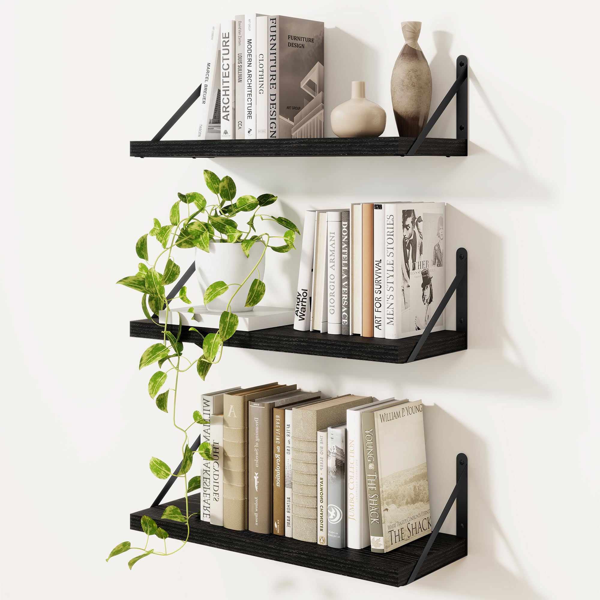 Feihorrm Set of 3 Book Shelf, Black Wall Shelves, 40cm Wall Shelf, Wooden Shelves, Shelves for Wall, Bookshelf for Bedroom, Living Room, Home Office & Book Storage