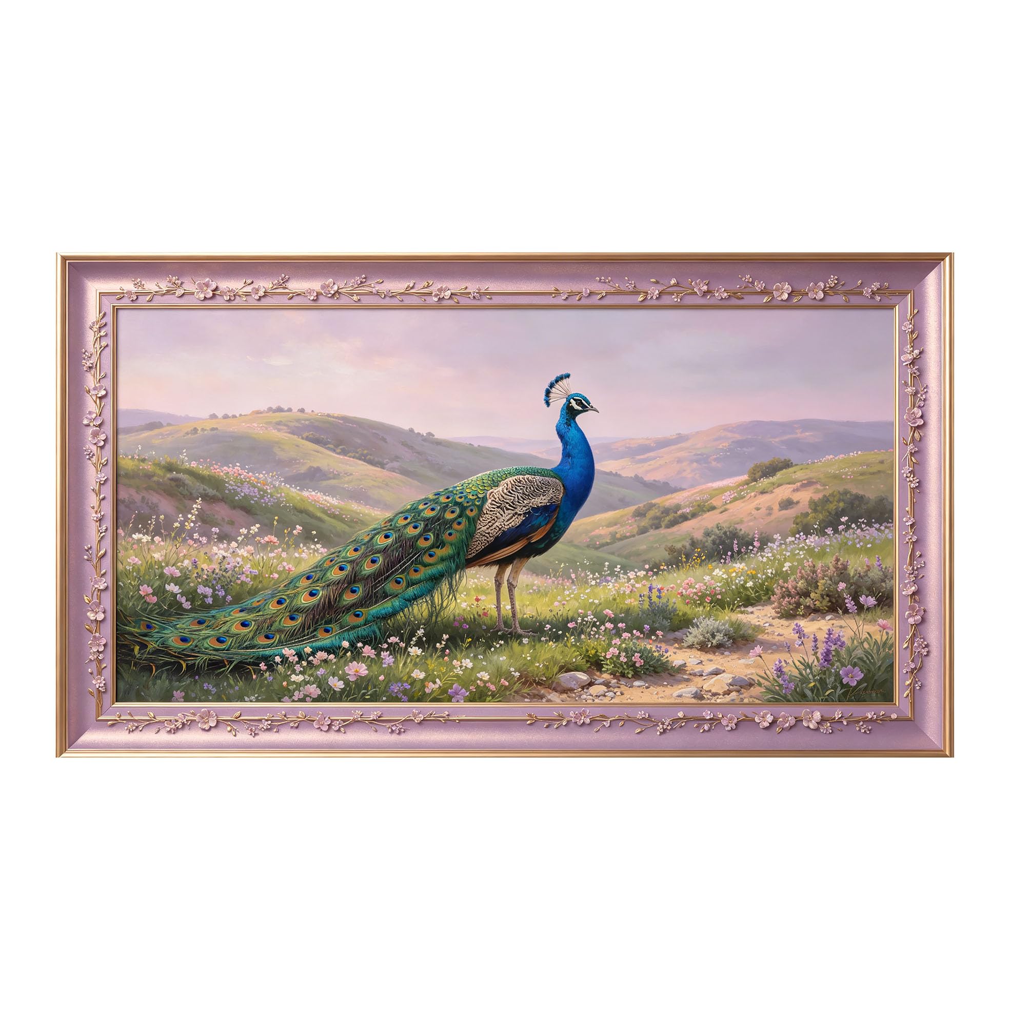 Murasolite 3D 3D Framed Wall Art 50cm×90cm Peacock Meadow Landscape Oil Painting SelfAdhesive Fabric Mural Wall Decor, Peel and Stick No Damage to Wall for Bedroom Living Room