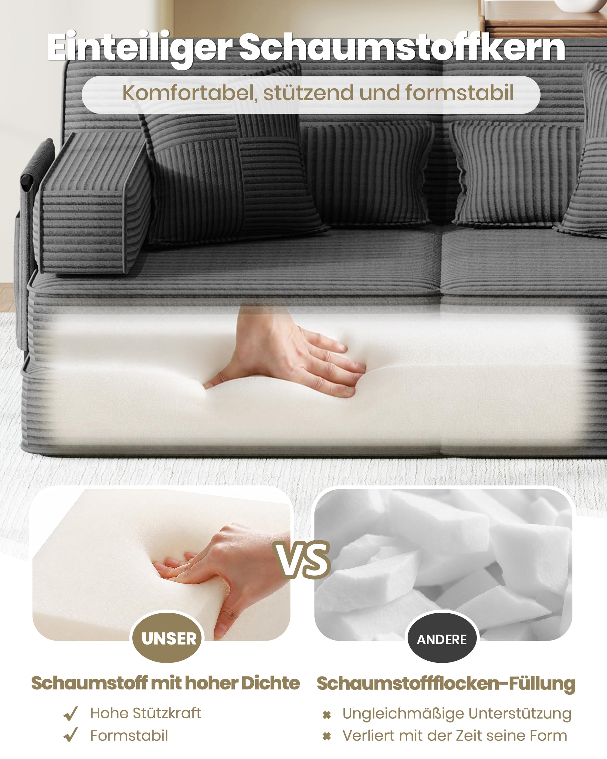 Schlafsofa 190 cm Breit, Modulares Bodensofa, Boneless Couch mit Hoher Rückenlehne, 2-Sitzer Vollschaum Sofa aus Cord, 5-in-1 Klappsofa mit Schlaffunktion zum Gästebett, Grau