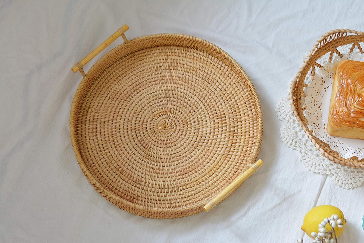 DECRAFTS Rattan Round Serving Tray Wicker Woven Bread Basket with Handles for Cracker Dinner Parties Coffee Table Breakfast (Natural 12.6 inches) - Image 2