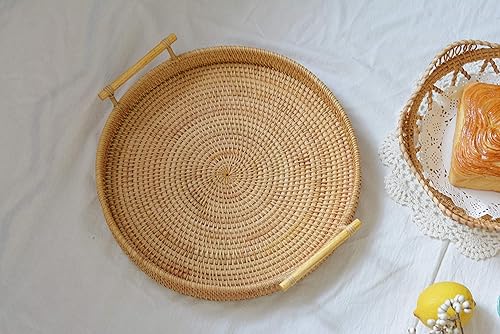Vista 3 de DECRAFTS Bandeja redonda de ratán tejida para pan con asas, bandeja pequeña para servir cenas, fiestas, mesa de café, té (11 pulgadas de diámetro)