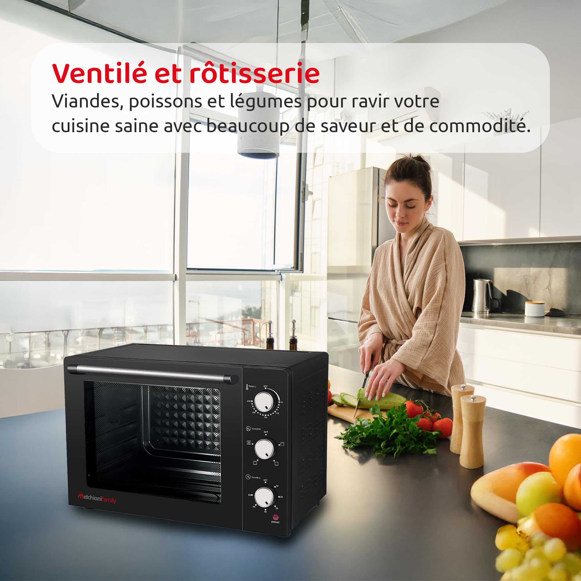Melchioni Family | Four électrique Ventilé ENJOY, Four électrique avec Rôtisserie, Capacité 63 Litres, Température 230°, Puissance du Four à Pizza 2200 W, Mini Four Professionnel, 58 x 44 x 40.7 cm
