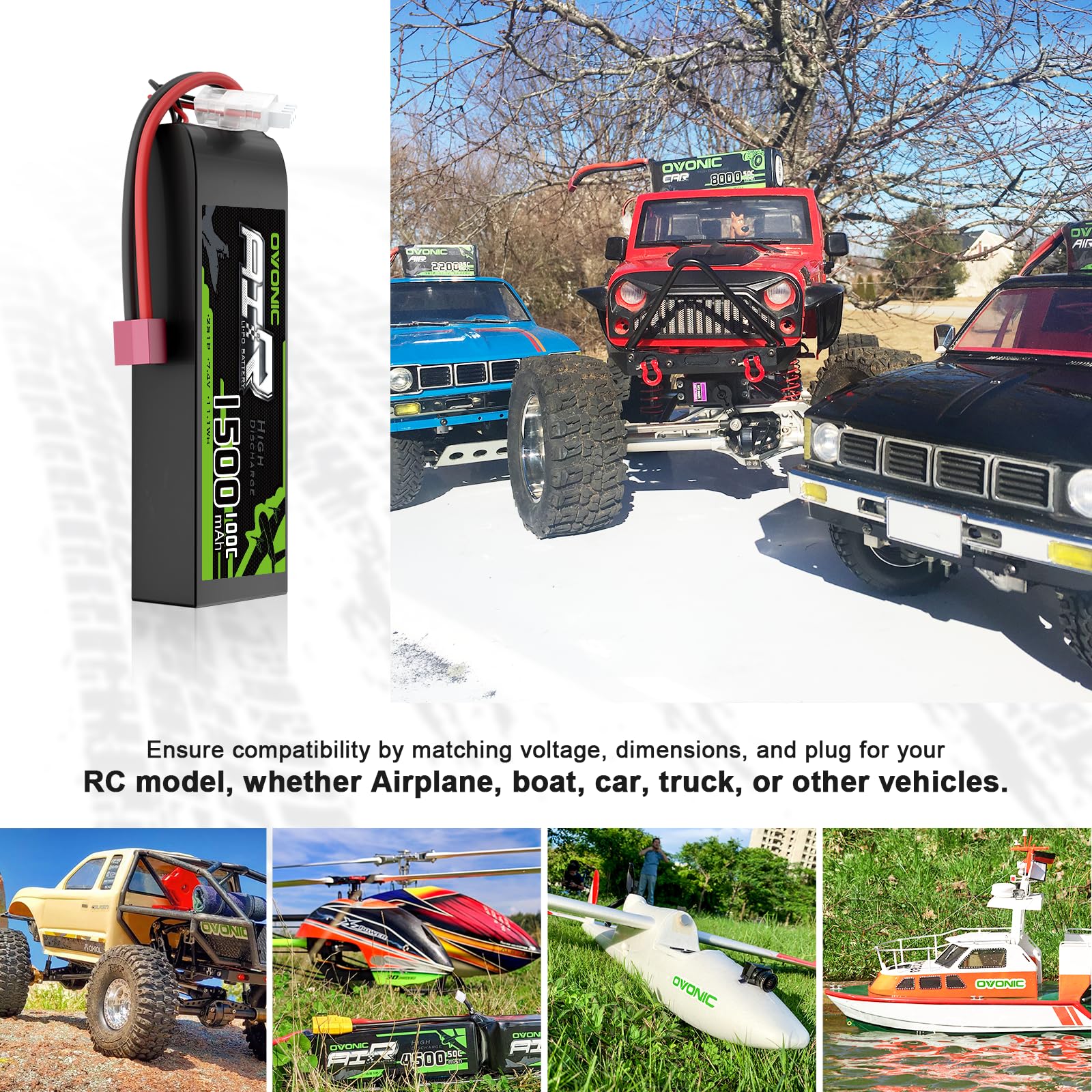 OVONIC 2S Lipo Battery 100C 1500mAh 7.4V Lipo Battery with Dean-Style T Connector for RC Airplane Helicopter Quadcopter RC Car Truck Boat (2 sztuki)