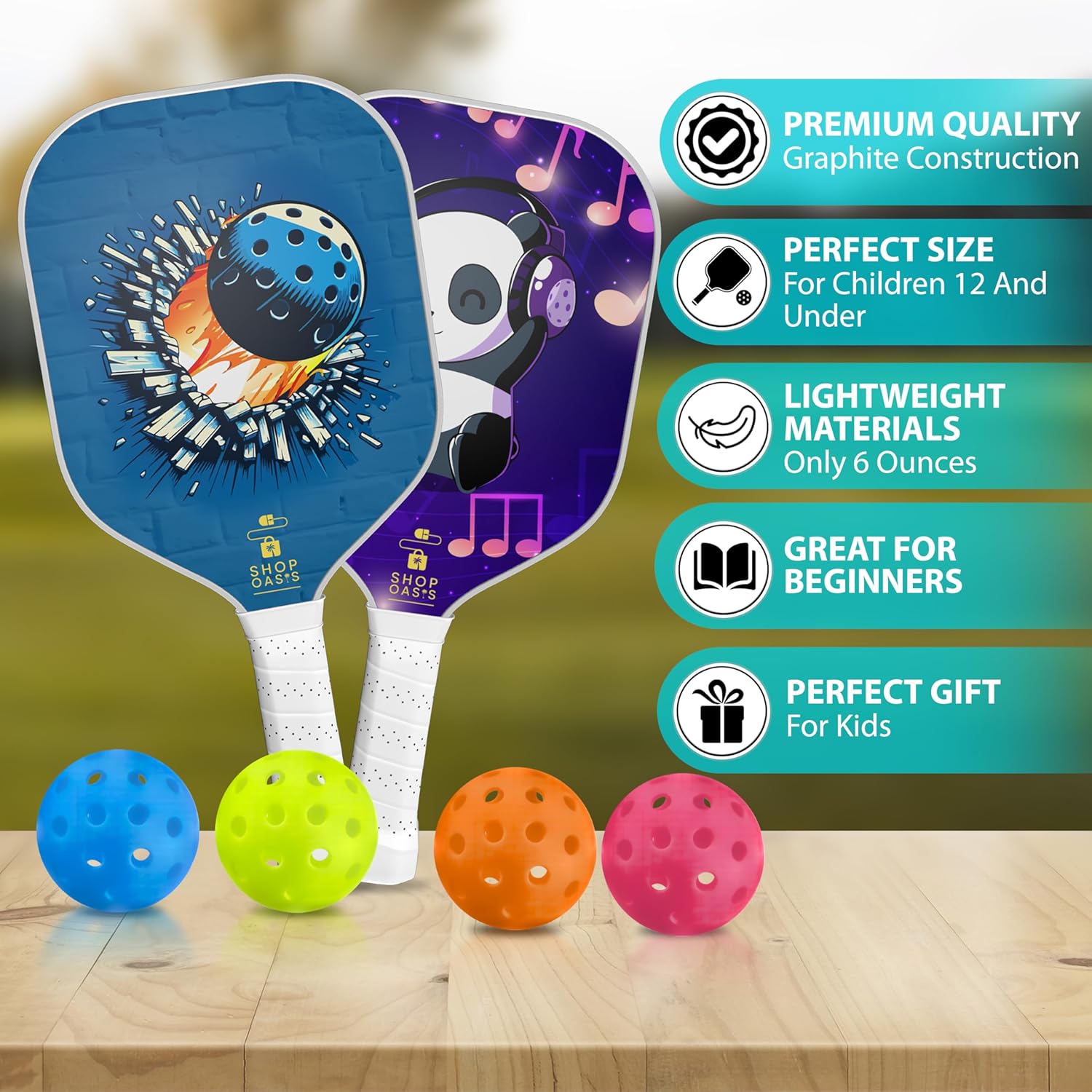 Kids Pickleball Paddles (Set of 2), Child Size Paddles, Lightweight Honeycomb Core, Fiberglass Strike Face, 2 Youth Rackets with 4 Balls and Premium Zipper Bag