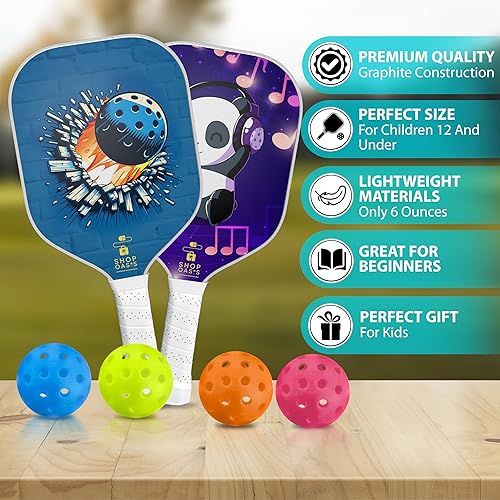 Miniatura 3 de Palas de pickleball para niños (juego de 2), paletas de tamaño infantil (a partir de 6 años), núcleo de panal ligero, cara de golpe de fibra de
