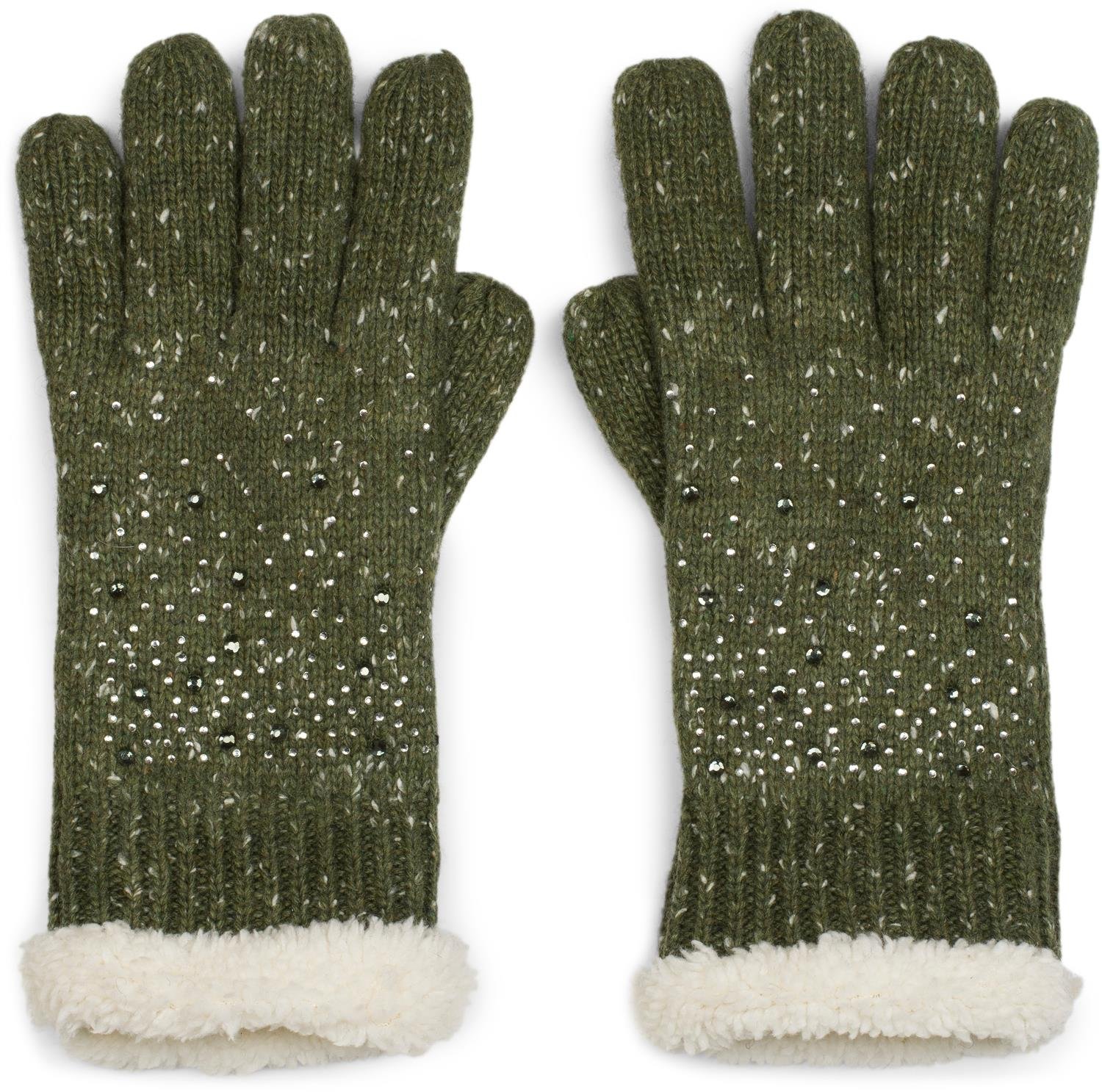 styleBREAKER warm gloves with rhinestone and fleece, winter knitted gloves, ladies 09010010, Colour:Mottled Olive