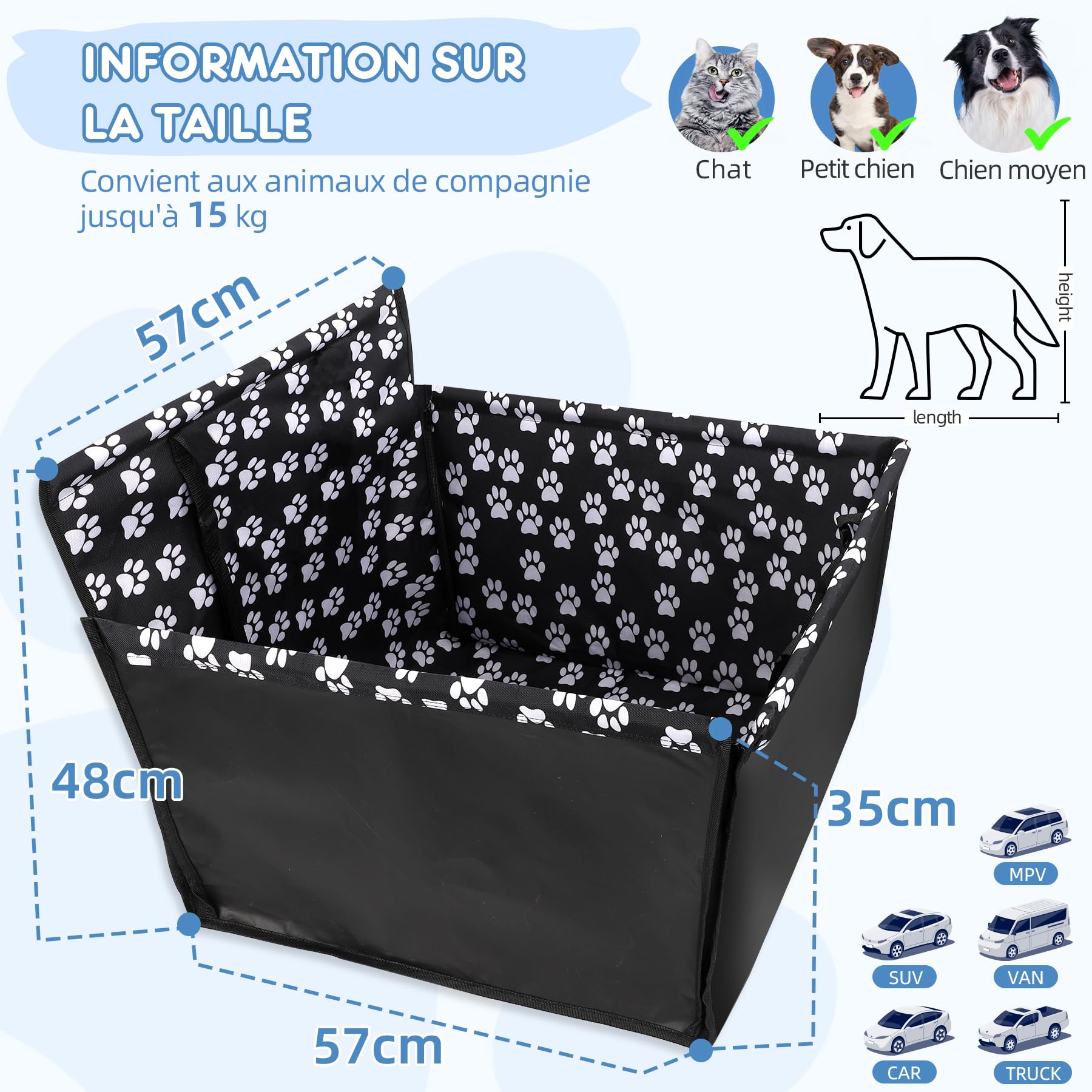 68x57x33 cm Wimypet Siège Auto Chien 3-en-1 Étanche – Panier Chien Voiture, Housse Protection Coffre, Siège Chien Voiture Arrière, Tissu Oxford Durable Facile à Installer