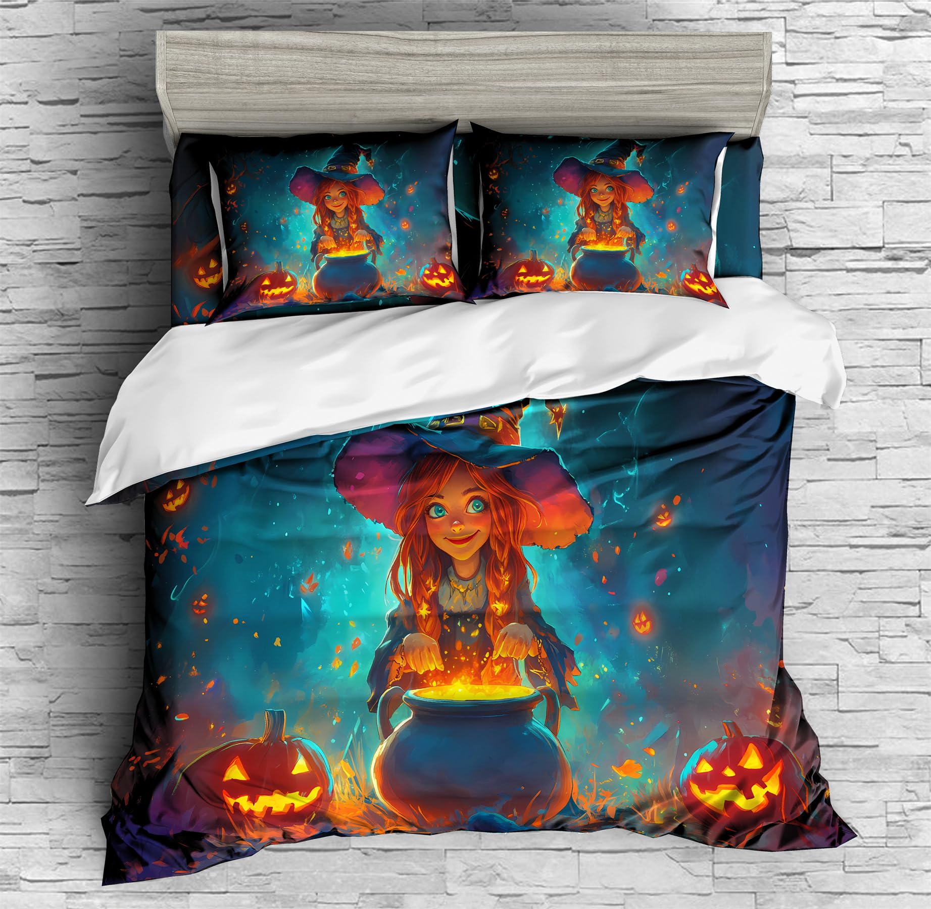 REALIN Witch Themed Magical Decor for Kids Bedding Halloween Decor Duvet Cover Set Girl Boy Kids Bed Sets 3/4PCS Quilt Covers/Sheets/Pillow Shams,Twin/Full/Queen/King (B,Full-200x229cm-4PCS)