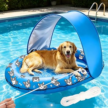 55 x 35 Inch Inflatable Dog Pool Float with Sunshade Canopy and Rope