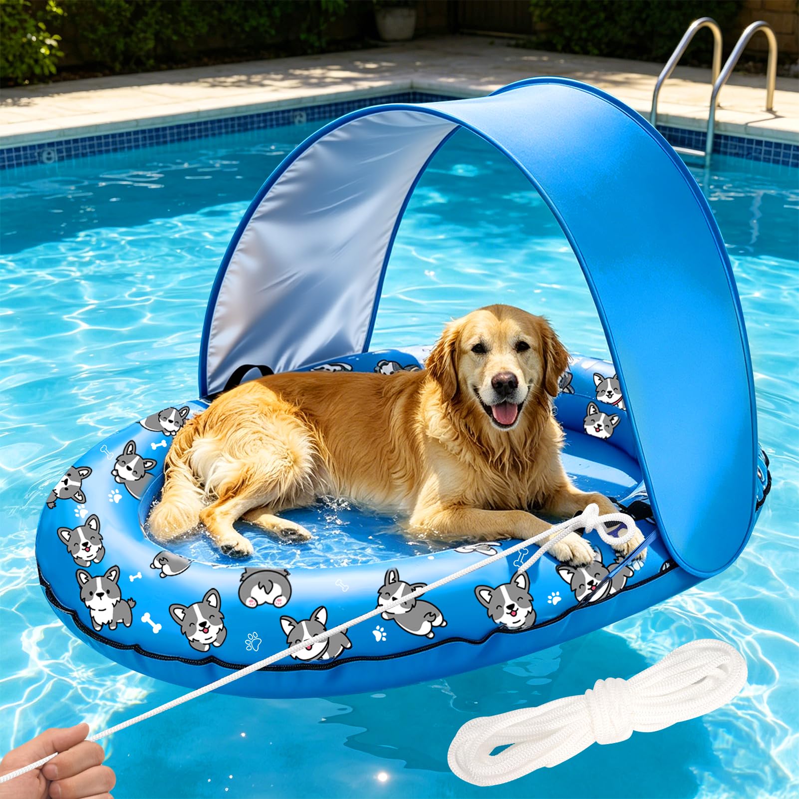 Photo 1 of 55 x 35 Inch Inflatable Dog Pool Float with Sunshade Canopy and Rope