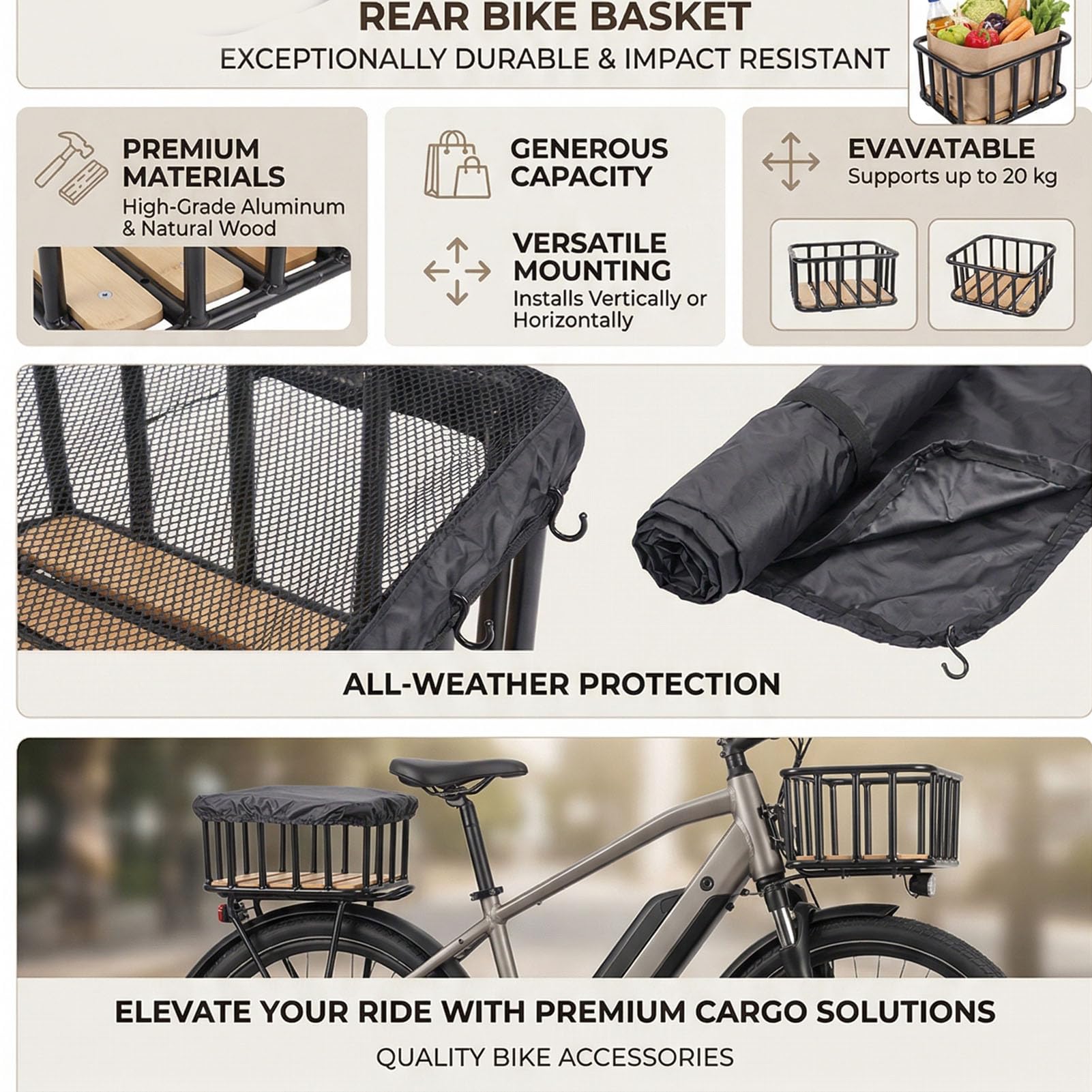 Generic Cestino Posteriore per Bici Design in Alluminio e Legno Spazioso Spazio per gli Acquisti Pendolari 35x30x16,5 Cm