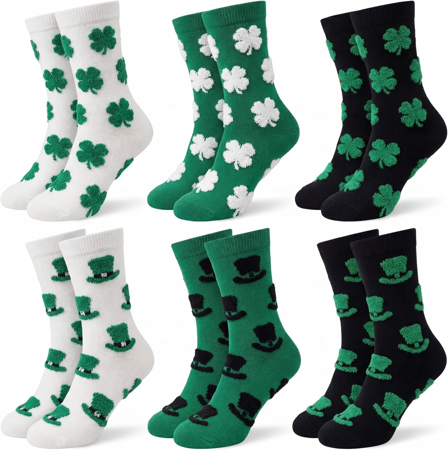 6 Pairs St. Patrick Day Fuzzy Socks Women Furry Shamrock Pattern Crew Green Irish Cute Green Sock for Party Adult