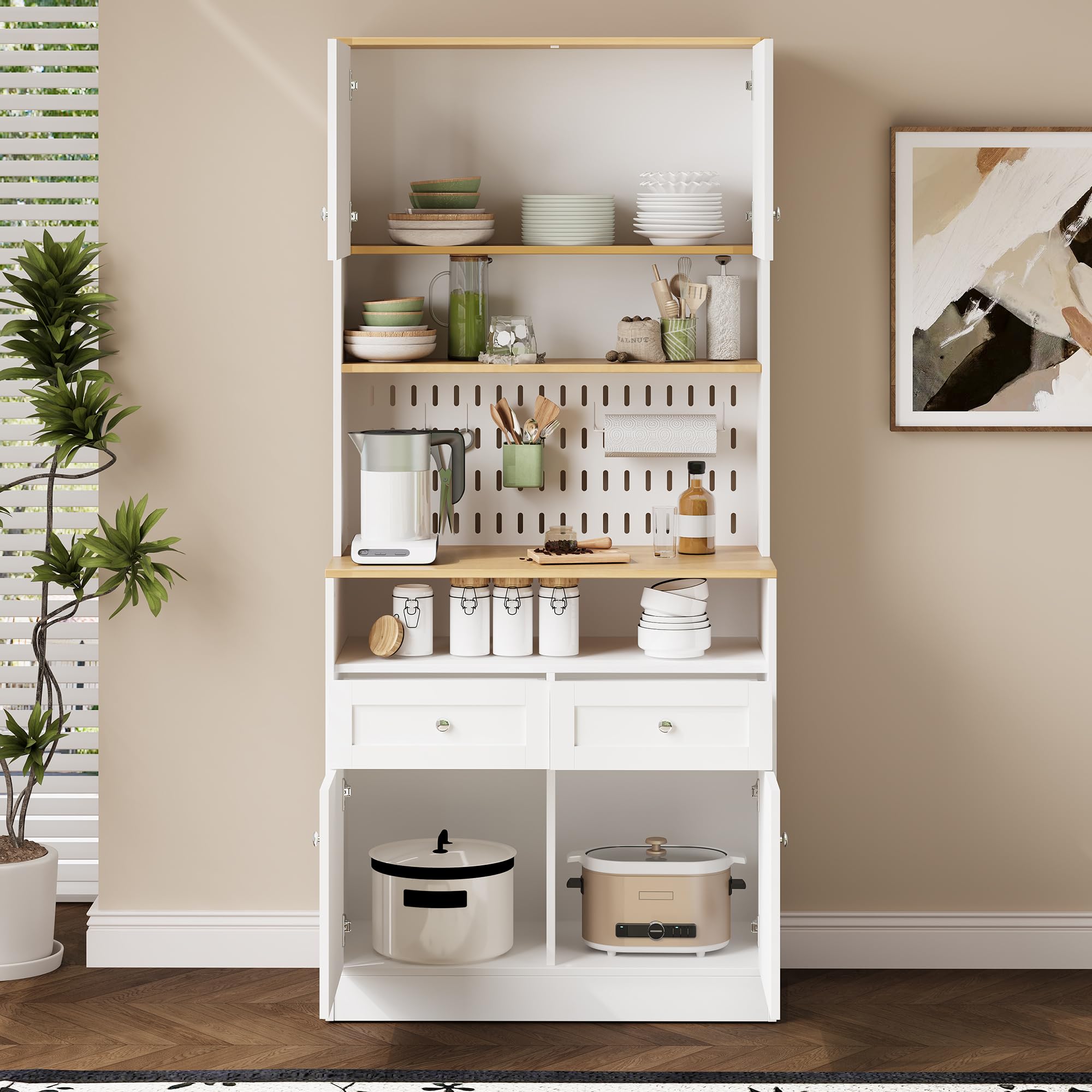 Kredens w stylu wiejskim z diodami LED i gniazdkiem – wysoka szafka (180 cm) w kolorze białym/złotym, 6 drzwi, 2 szuflady i regulowane półki, w zestawie zabezpieczenie przed przewróceniem, do