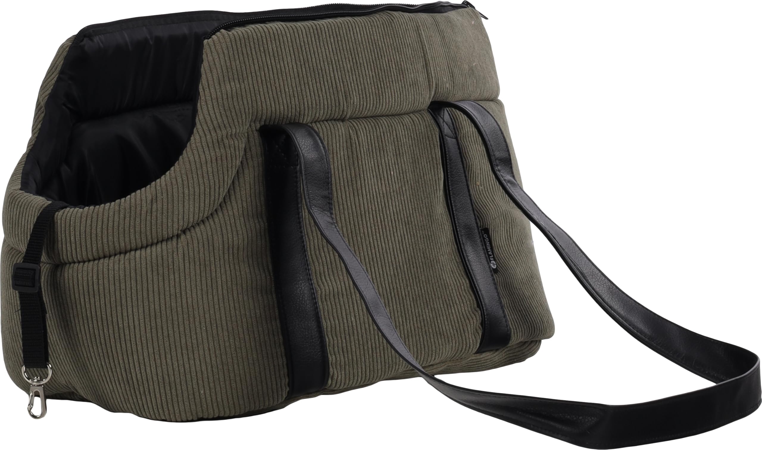 Sac de Transport Chat – Chien – Flamingo Alessia Vert – 46×23×25 cm – Polyester côtelé + Mousse – Ouverture Dessus – Coussin Amovible – Sangle sécurité – Poche
