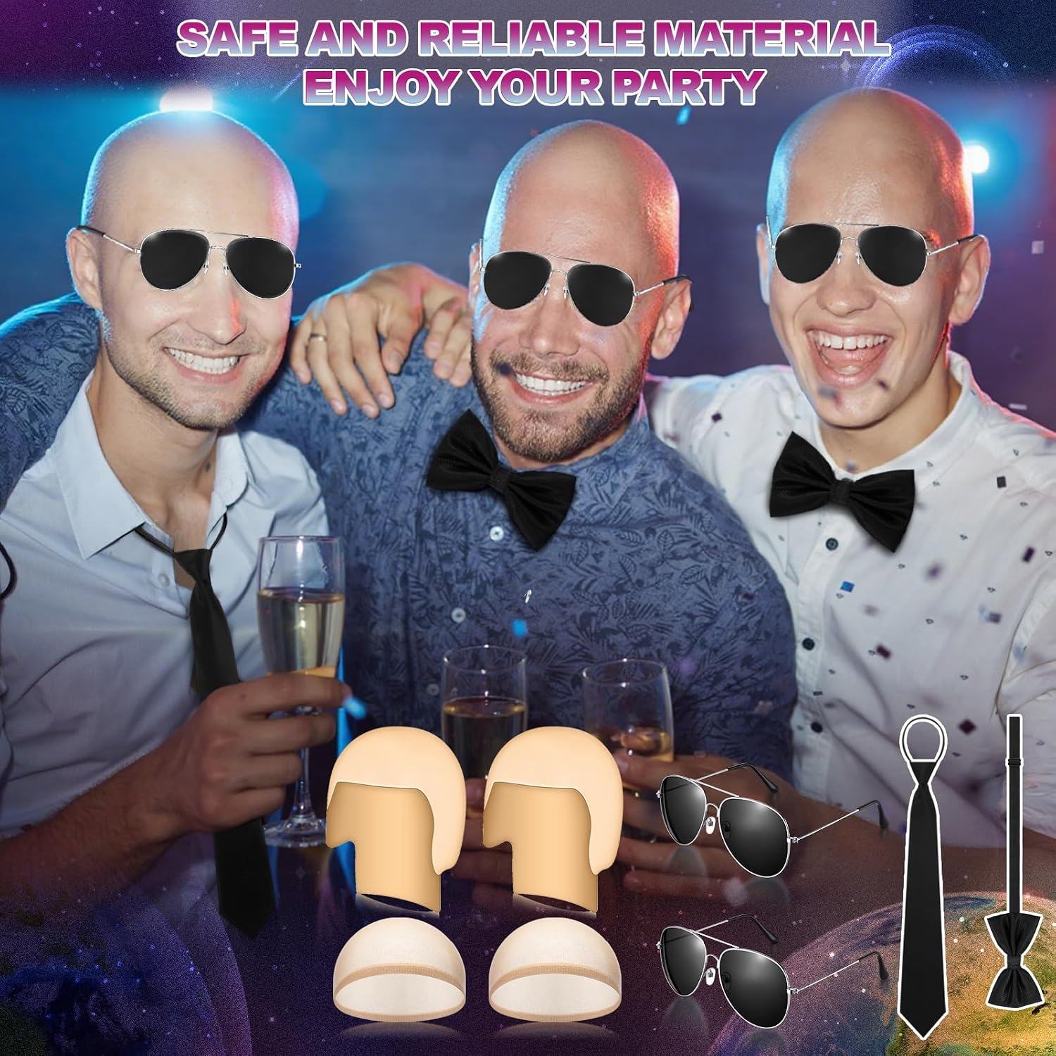 Mepase Halloween Latex Bald Caps with Wig Caps Sunglasses Tie and Bow Tie for Adults Men Halloween Party Cosplay