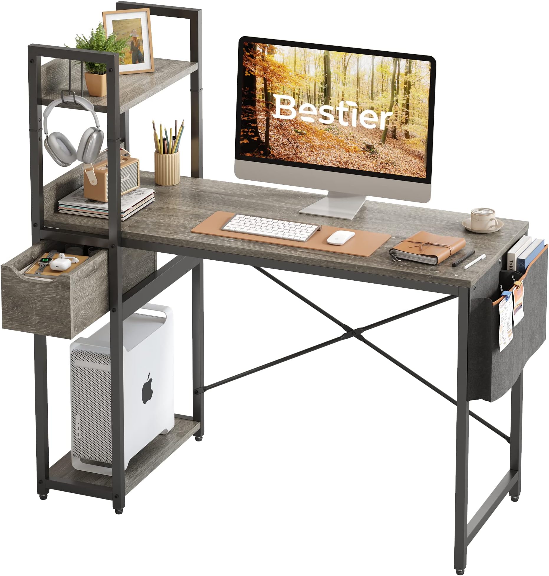 Bestier Computer Desk with Storage Shelves 120CM Corner Desk with Drawer Reversible Computer Desk Writing Table with Side Pocket Storage Bag and Headphone Hook for Home Office Small Space