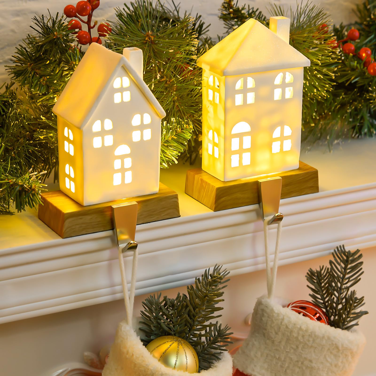 Christmas Stocking Holders for Mantle, Set of 2 Christmas Mantle Wood Room Stocking Hangers with Lights, Weighted Christmas Different Room Stocking Hooks for Fireplace Counter Window Decoration, White