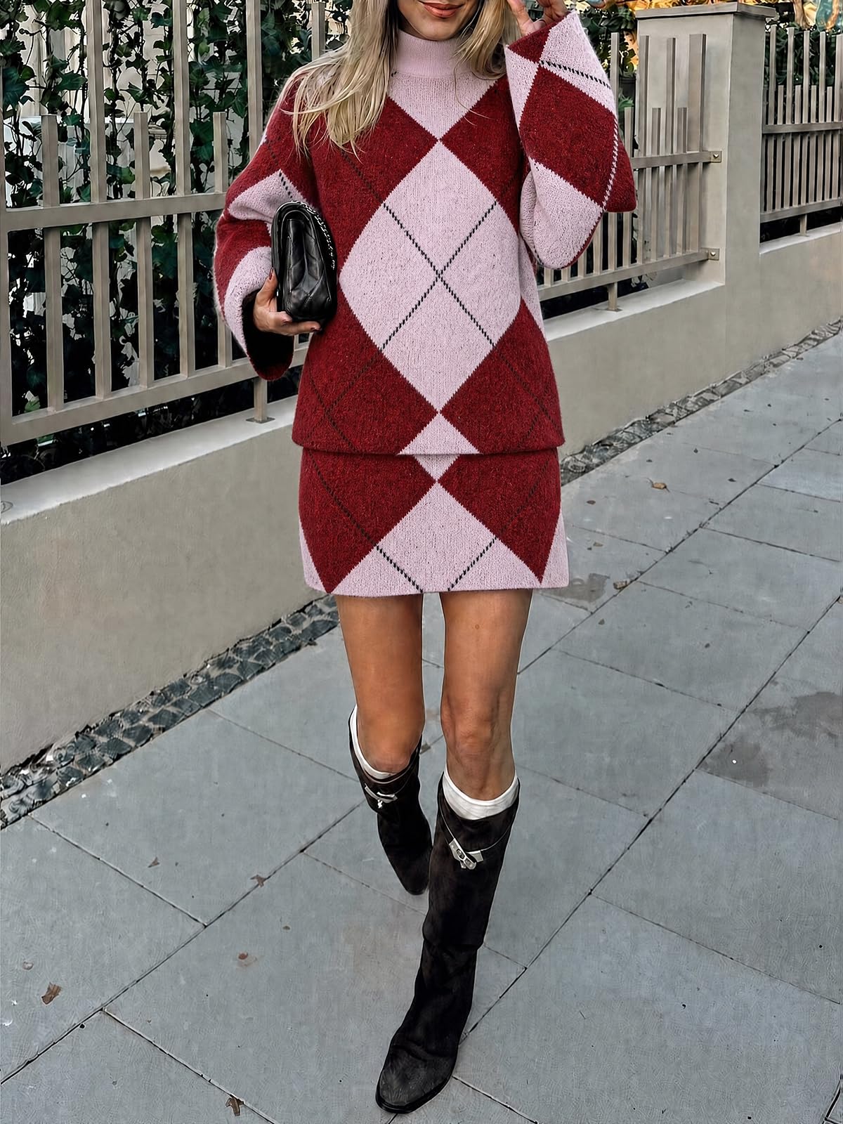 Cicy Bell Damen Mock Neck Argyle-Pullover 2-teiliges Outfit Minirock Sets