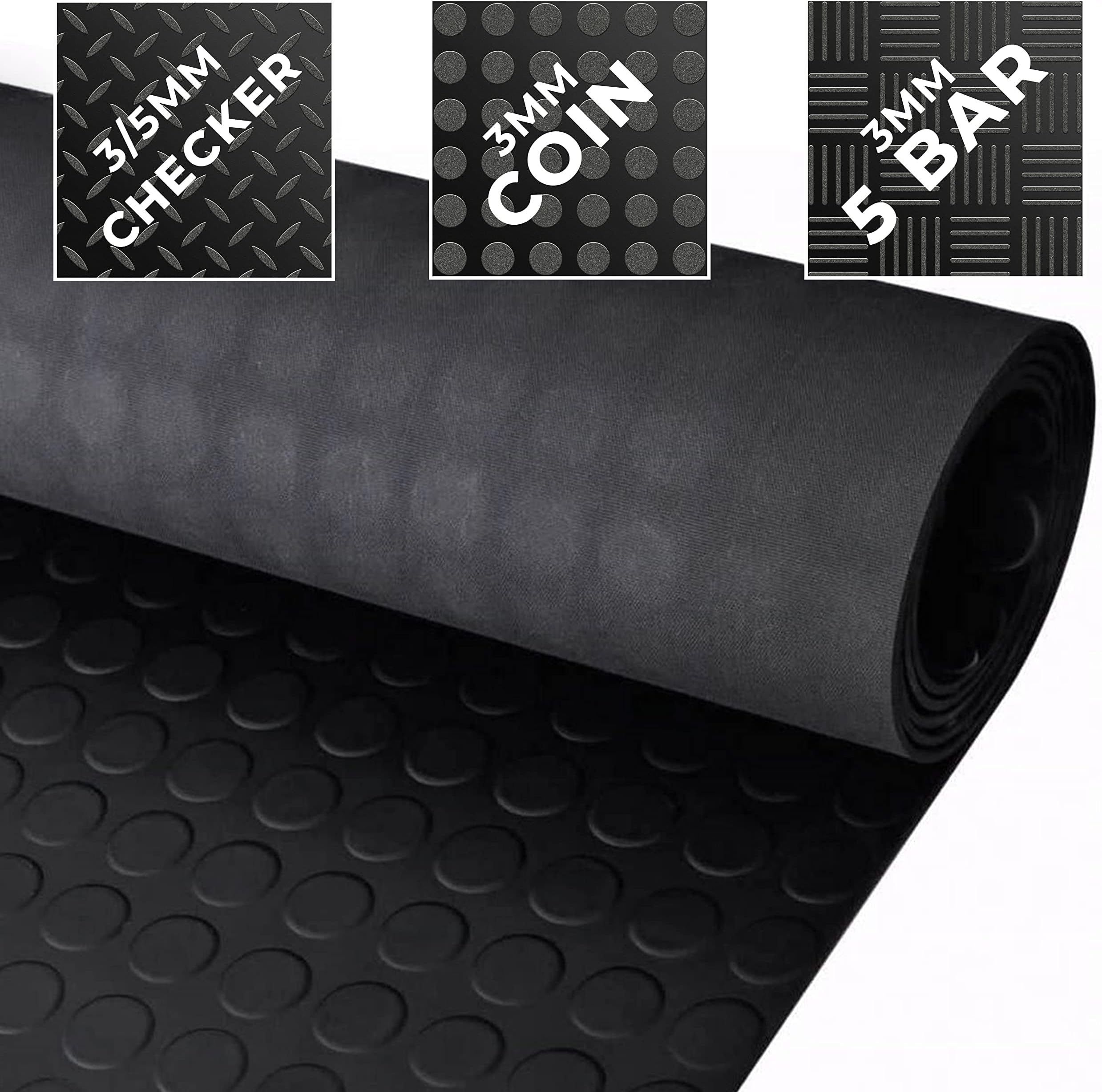 Rubber Flooring Coin/Checker/5 bar Anti Slip Shed Van Garage Workshop Black Matting Roll - Multiple Style & Size