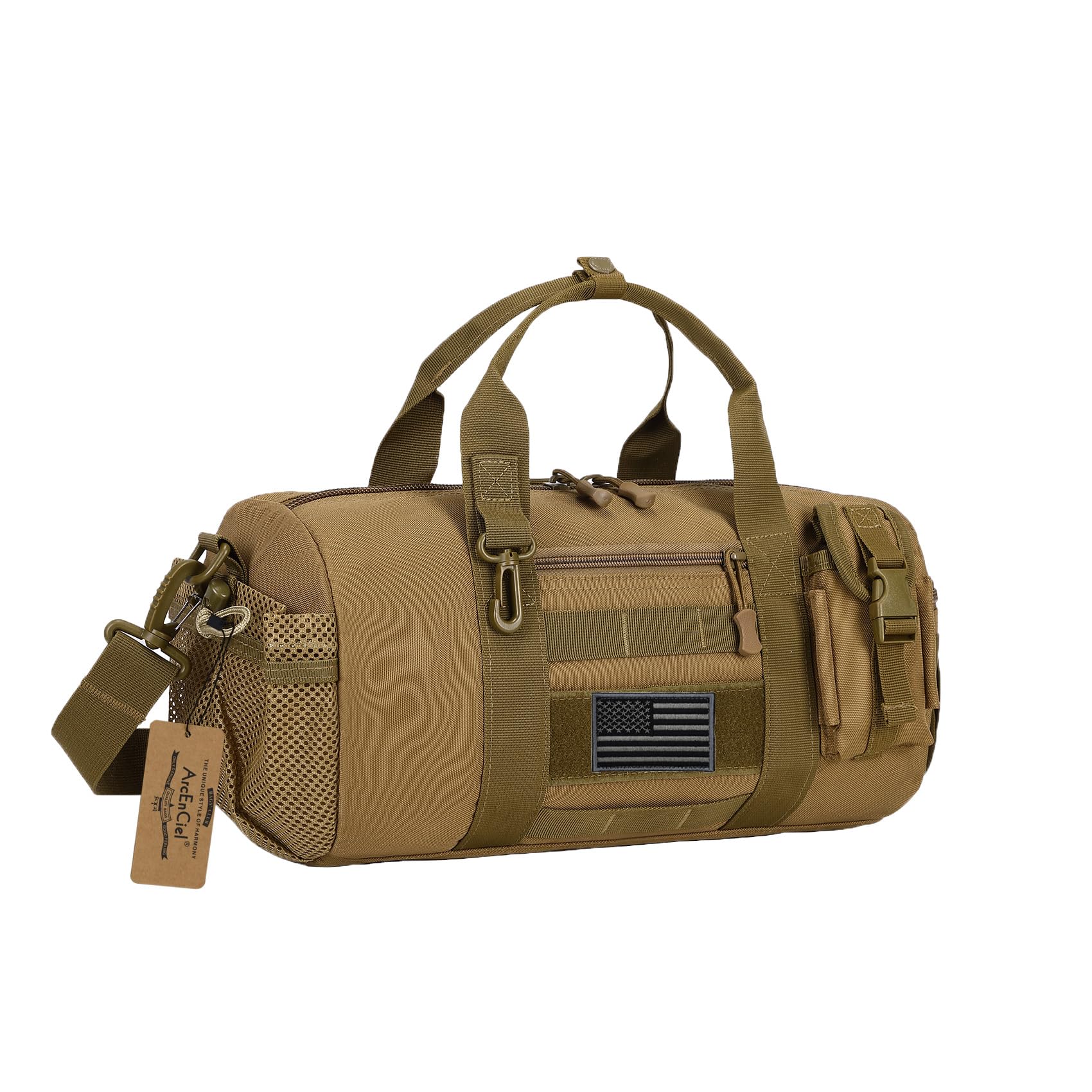 ArcEnCiel Small Tactical Duffle Bag Men Gym Pack Military Molle Shoulder Bags Shoes Storage Sports Handbag with Patch (Coyote Brown)