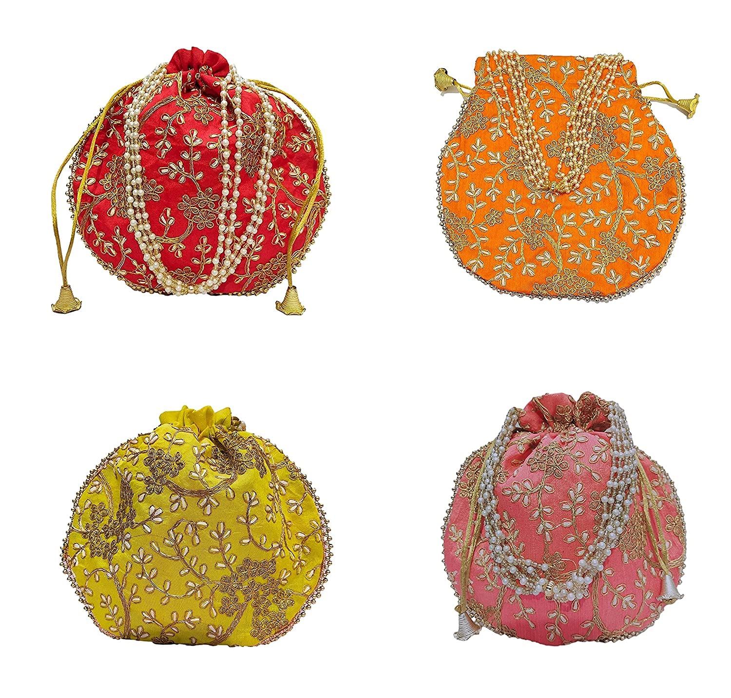 4 Pcs Potli bags (Red,Orange,Yellow,Pink Combo) for women handbags traditional Indian Wristlet with drawstring || ethnic embroidery || return gift wedding bags-image-8