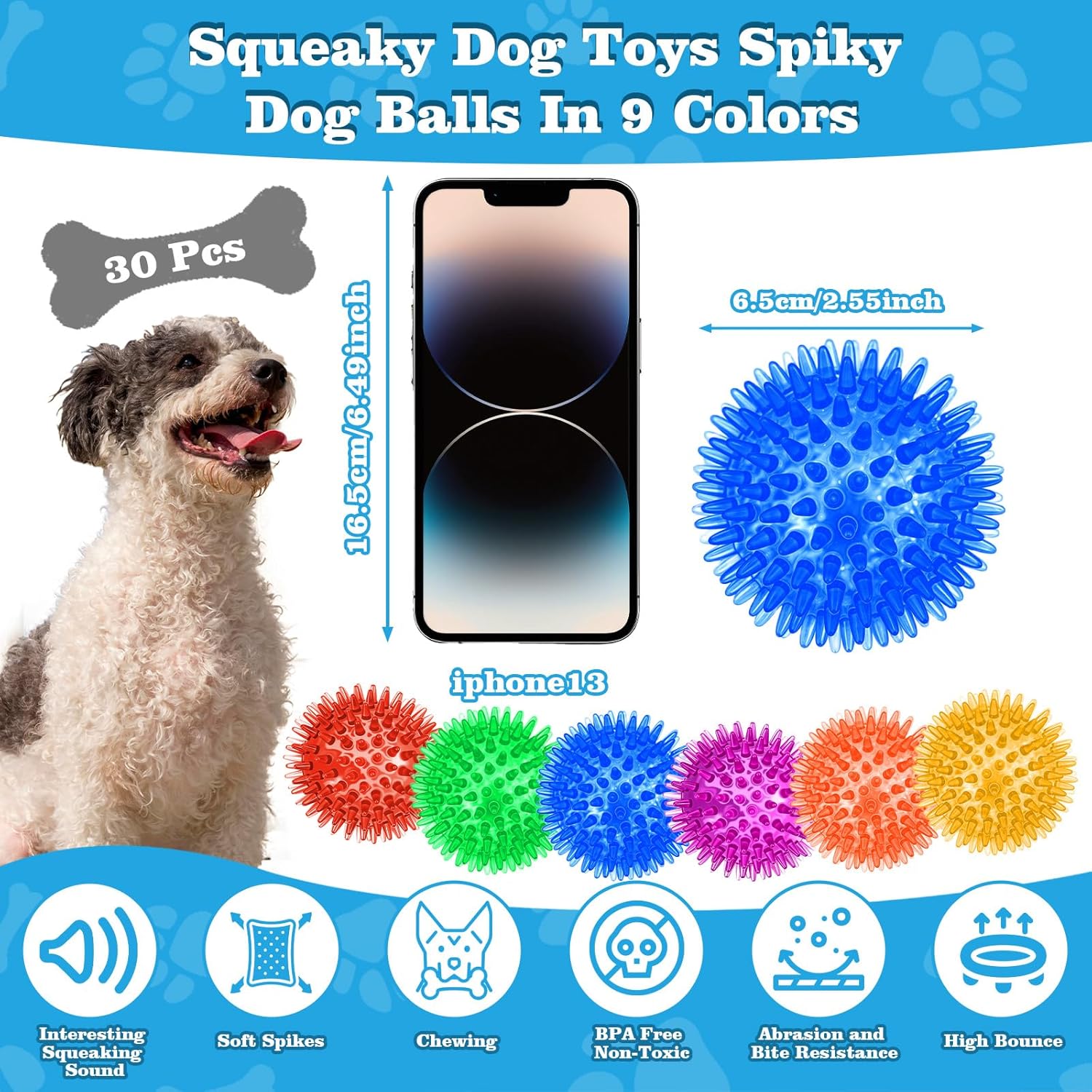 30 Pieces 2.5 Inches Squeaky Dog Toy Balls Spiky Dog Balls Chew for Teething Durable High Bounce 6 Colors TPR Fetch Water Toy for Puppy Small, Medium Dogs Aggressive Chewers Clean Teeth and Training
