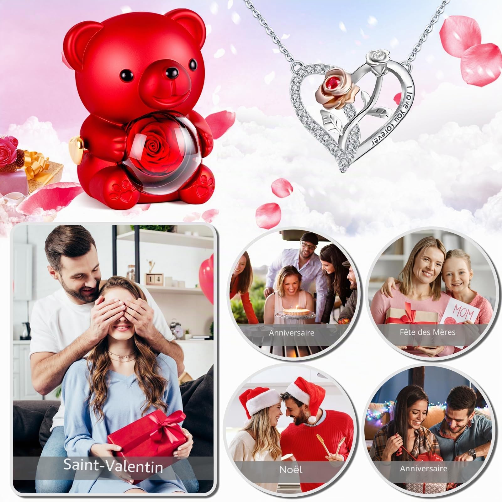 Ours Rose Eternelle Boîte à Bijoux Cachée - Ourson Rose Eternelle de Noël, Boite a Musique Cadeau pour Femme, Cadeau Noel Femme Original Utile, Saint-Valentin, Anniversaire