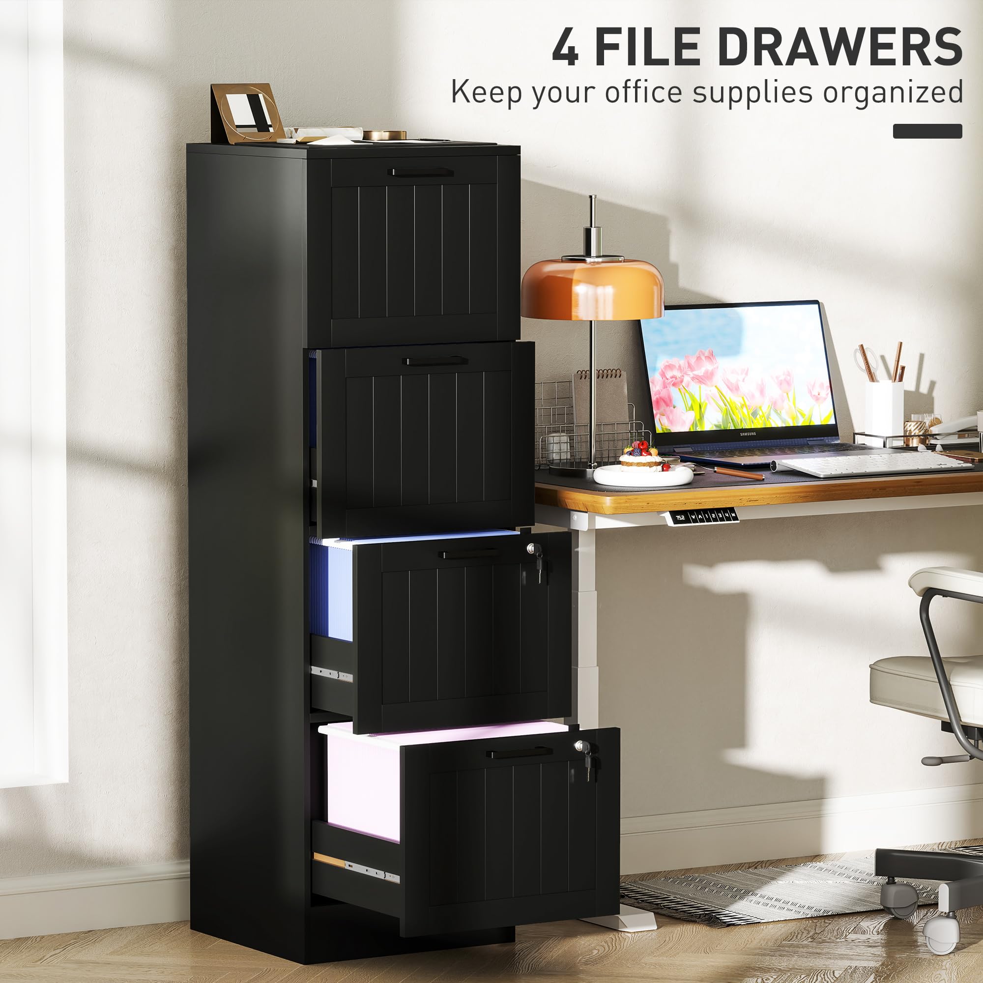 HOMCOM Classeur 4 tiroirs avec Rail réglable, 2 clés et 2 serrures, classeur de Bureau en MDF pour dossiers A4 et Lettre, 40x40x131 cm, Noir