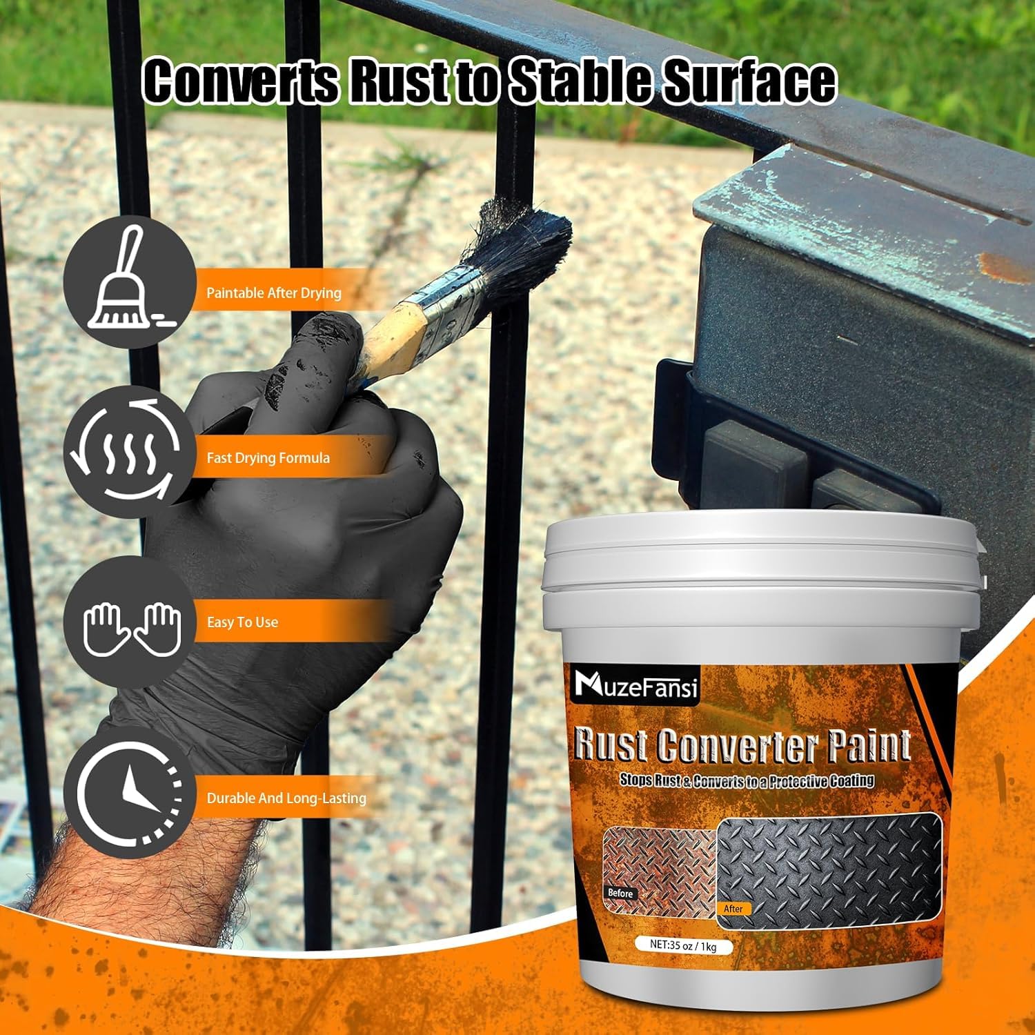 Souvik Convertitore di Ruggine 1000ml a Base d'Acqua – Rimuovi Ruggine Primer per Metallo 2 in 1 con Finitura Nera – Trattamento Antiruggine e Vernice Protettiva per Superfici Metalliche