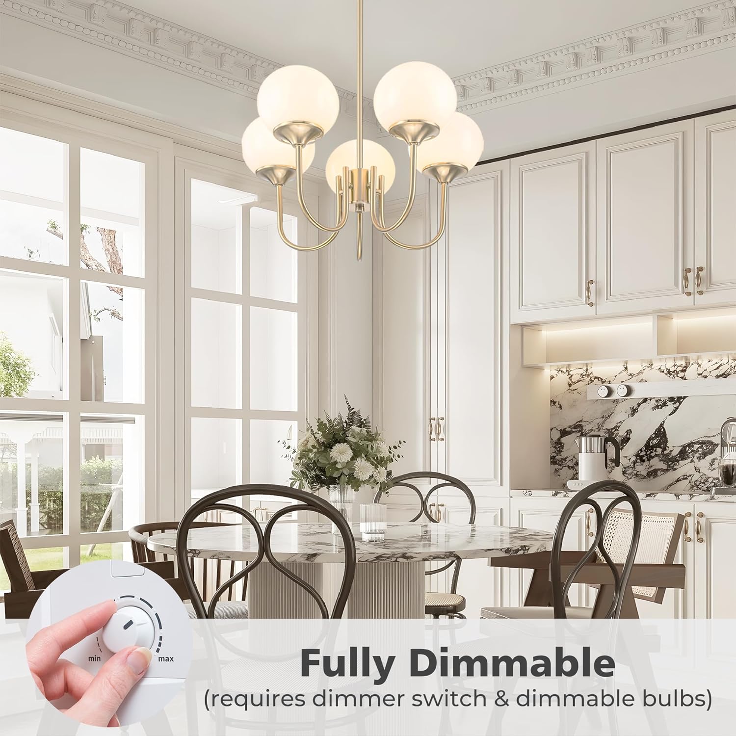 FTL 5 Light Gold Globe White Milk Glass Chandelier Mid Century Modern Sputnik Ceiling Light Fixture E26 Brass Vintage Pendant Light Kitchen Island Hanging Lights for Dining Room, Bedroom, Living Room