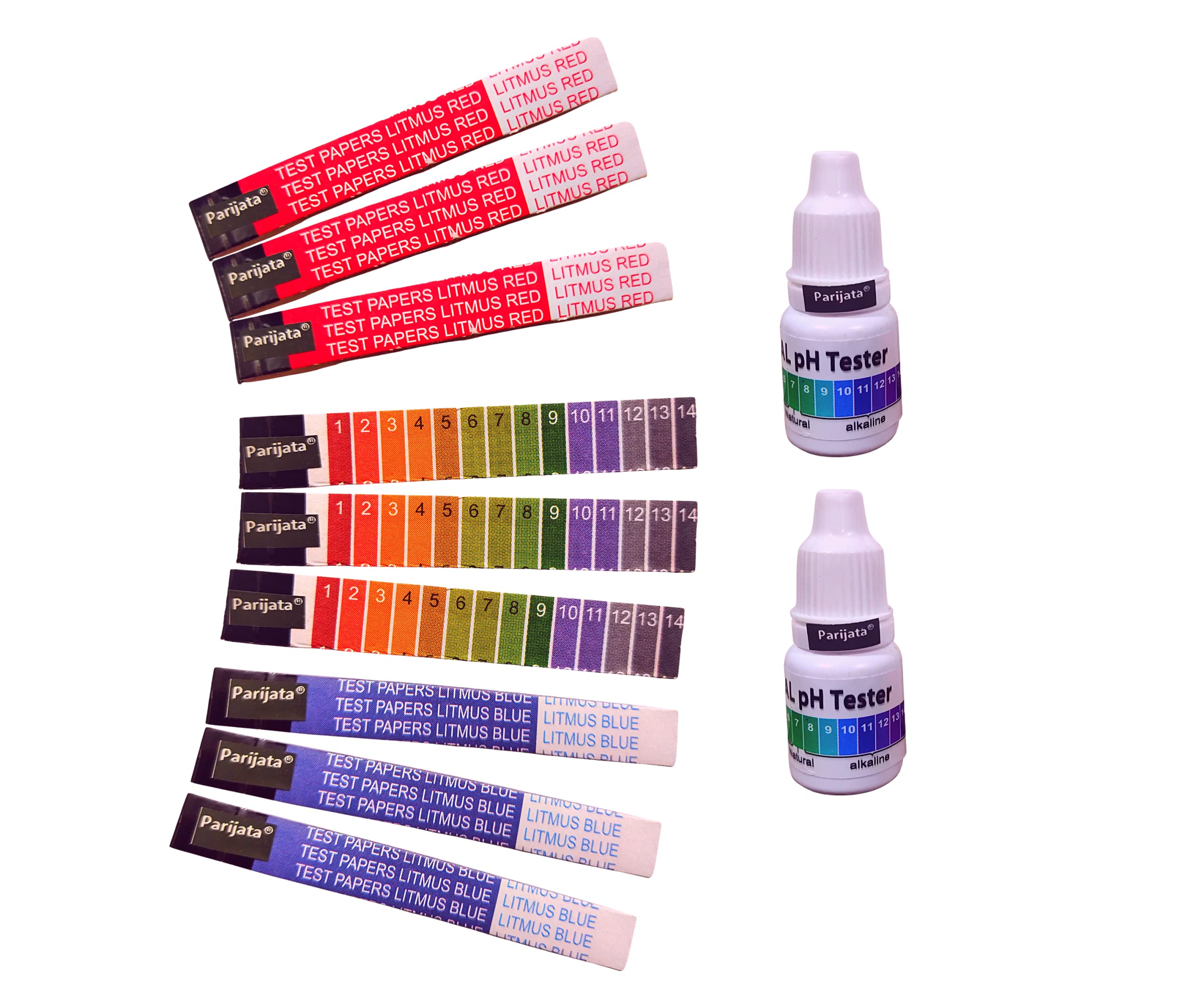 PARIJATA litmus paper for liquid testing, Red litmus, Blue litmus, Yellow ph paper for acidic/basic testing indicator strips (60+60+60 strips) with ph bottle