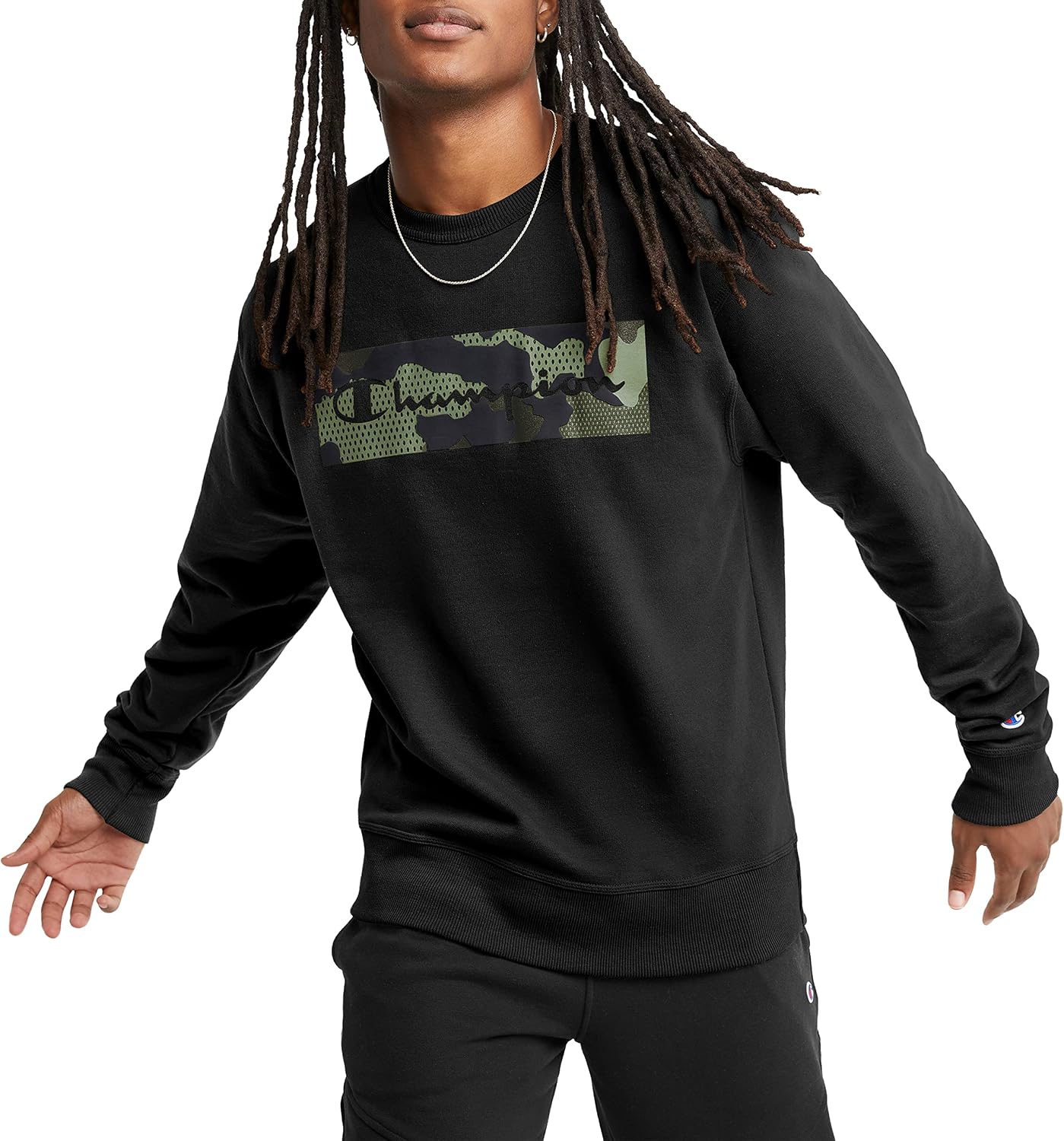 Champion mens Powerblend Fleece Crew, Camo Script