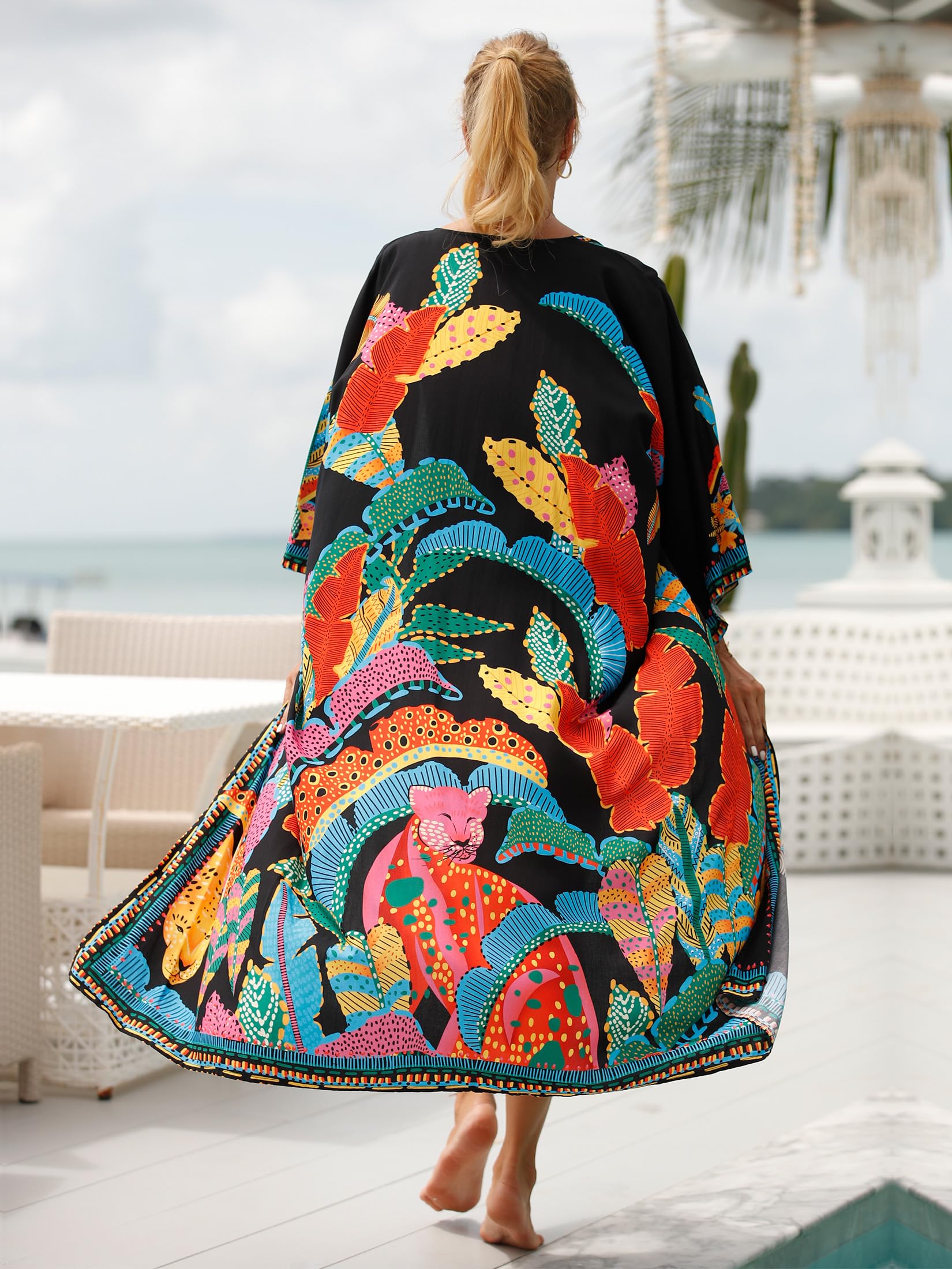 EDOLYNSA Bata Larga Tipo Kimono de Playa para Mujer con Parte Delantera Abierta, Negro 4, Talla única