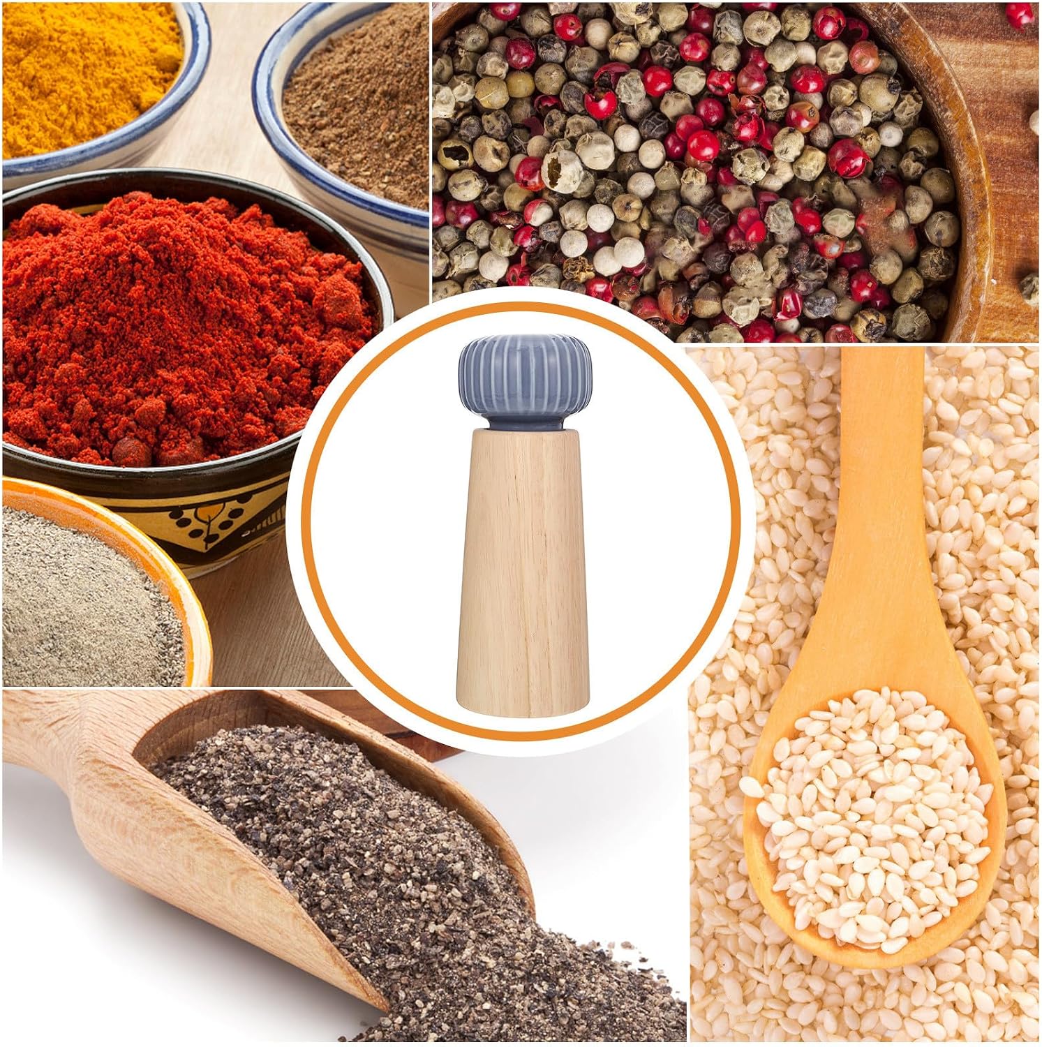 Wooden Pepper Mill Manual Spice Grinder with Ceramic Blue Lid 6.5x6.5x17.5cm Handheld Pepper Seed Crusher for Kitchen and Dining Use