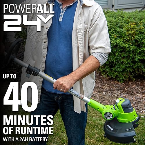 Miniatura 3 de Greenworks Desmalezadora inalámbrica de hilo de 12 pulgadas y 24 voltios incluye batería de 20 Ah y cargador