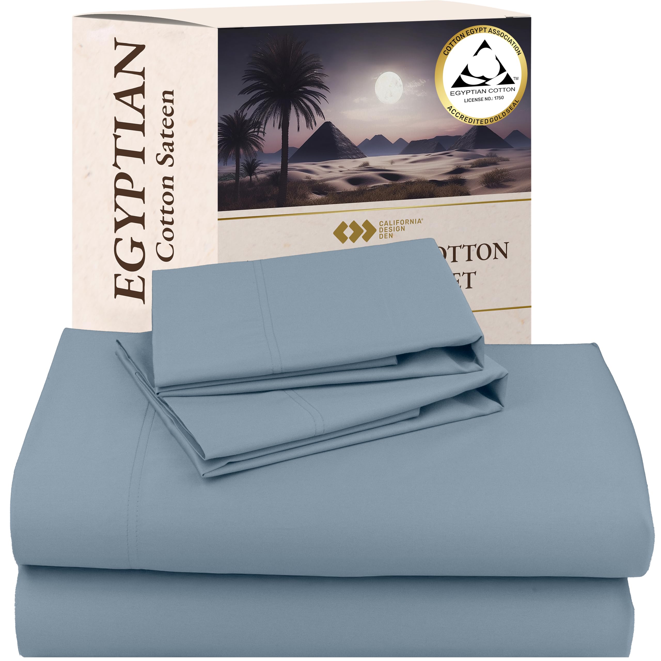 Certified Luxury 100% Certified Egyptian Cotton Sheets, Queen Sheets Set, 4 Piece Deep Pocket Bed Sheets Set, Sateen Cooling Sheets for Hot Sleepers, Egyptian Cotton Sheets Queen Blue