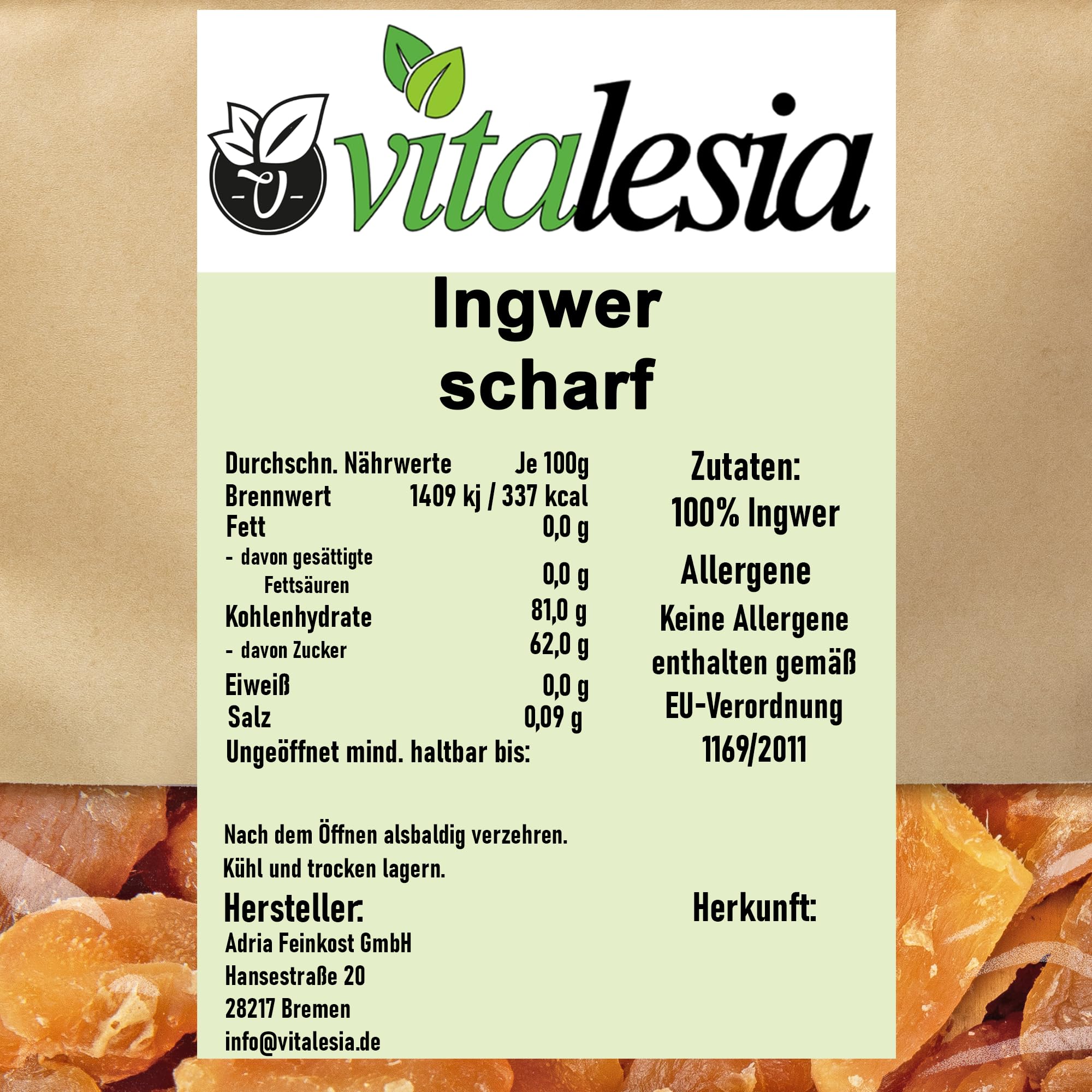 Vitalesia Ingwer getrocknet 1kg | naturbelassen & scharf | aus hochwertigem Anbau in Thailand | ohne Zusätze | vegan