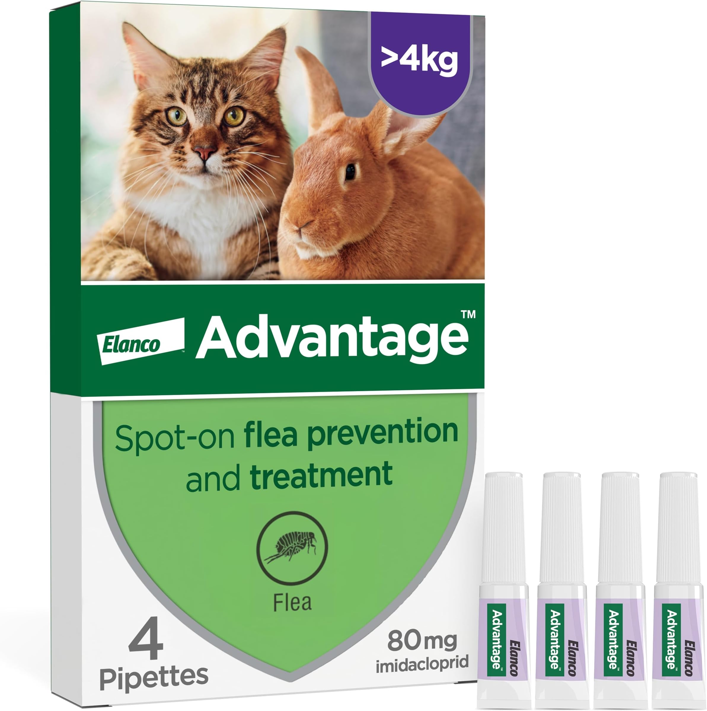Spot On Flea Treatment For Large Cats and Rabbits Over 4kg (4 pipettes, 80mg), Kills Fleas Within 24 Hours, Prevents Further Infestation For Up To Four Weeks in Cats