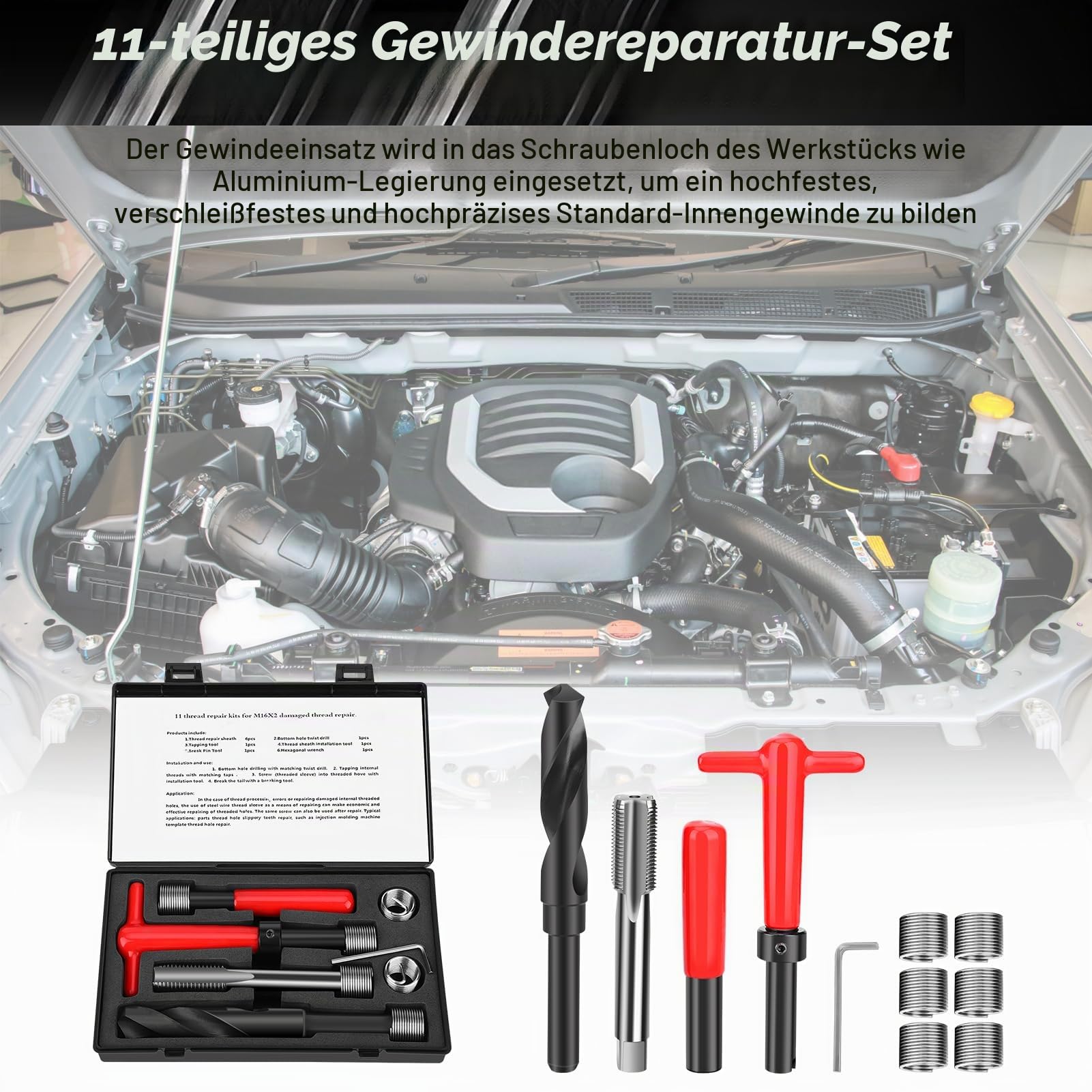 11 Stück M16x2 Gewindereparatursatz Bohrer Reparatursatz mit Aufbewahrungsbox, Edelstahl Innengewinde Reparatur Zubehör Sortiment Kit Gewindeeinsatz Werkzeug