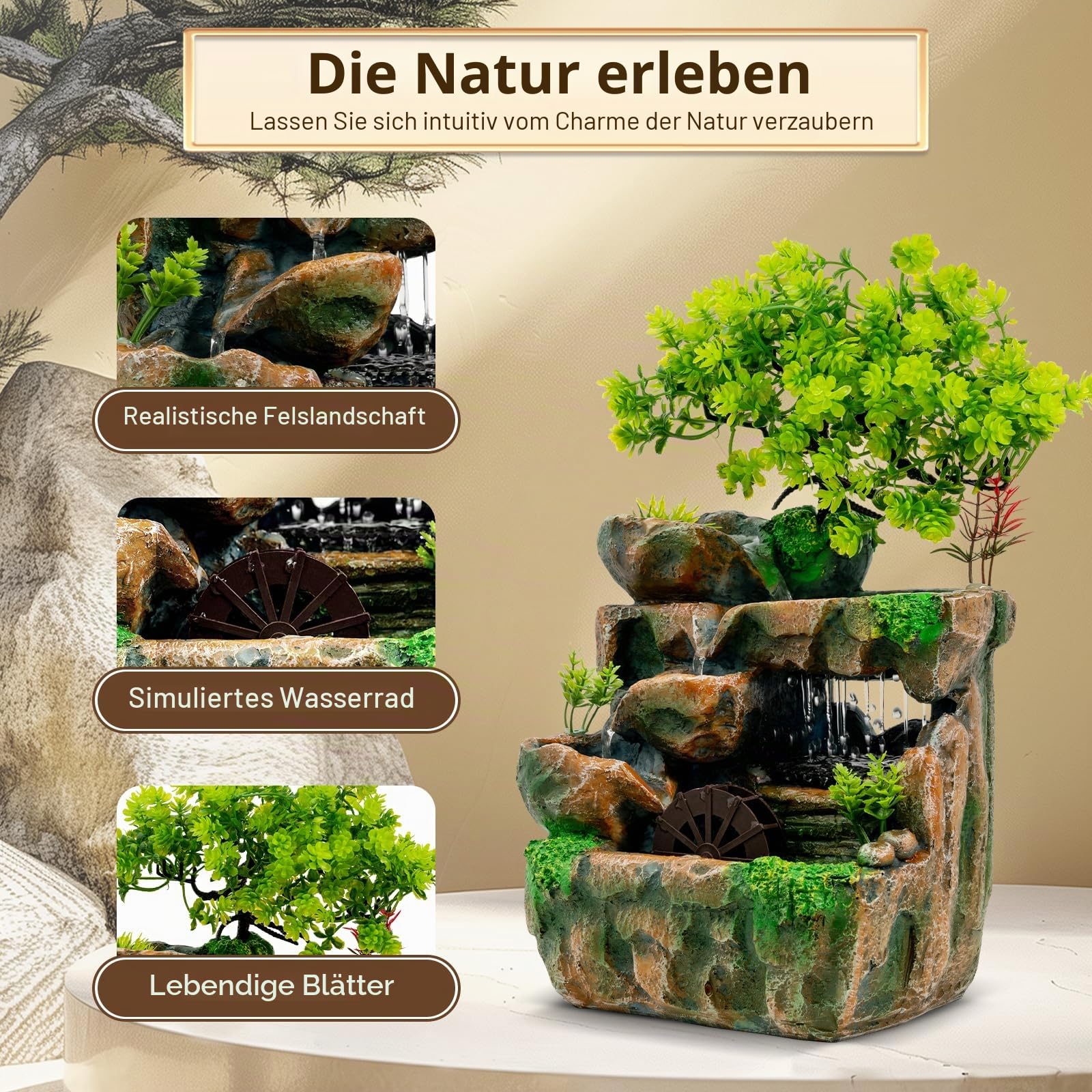 Zimmerbrunnen 18x15x30 cm, Dekorativer Tischbrunnen mit LED und Beruhigendem Wasserspiel, Tisch Zimmer Wasser für Wohnzimmer, Schlafzimmer, Büro